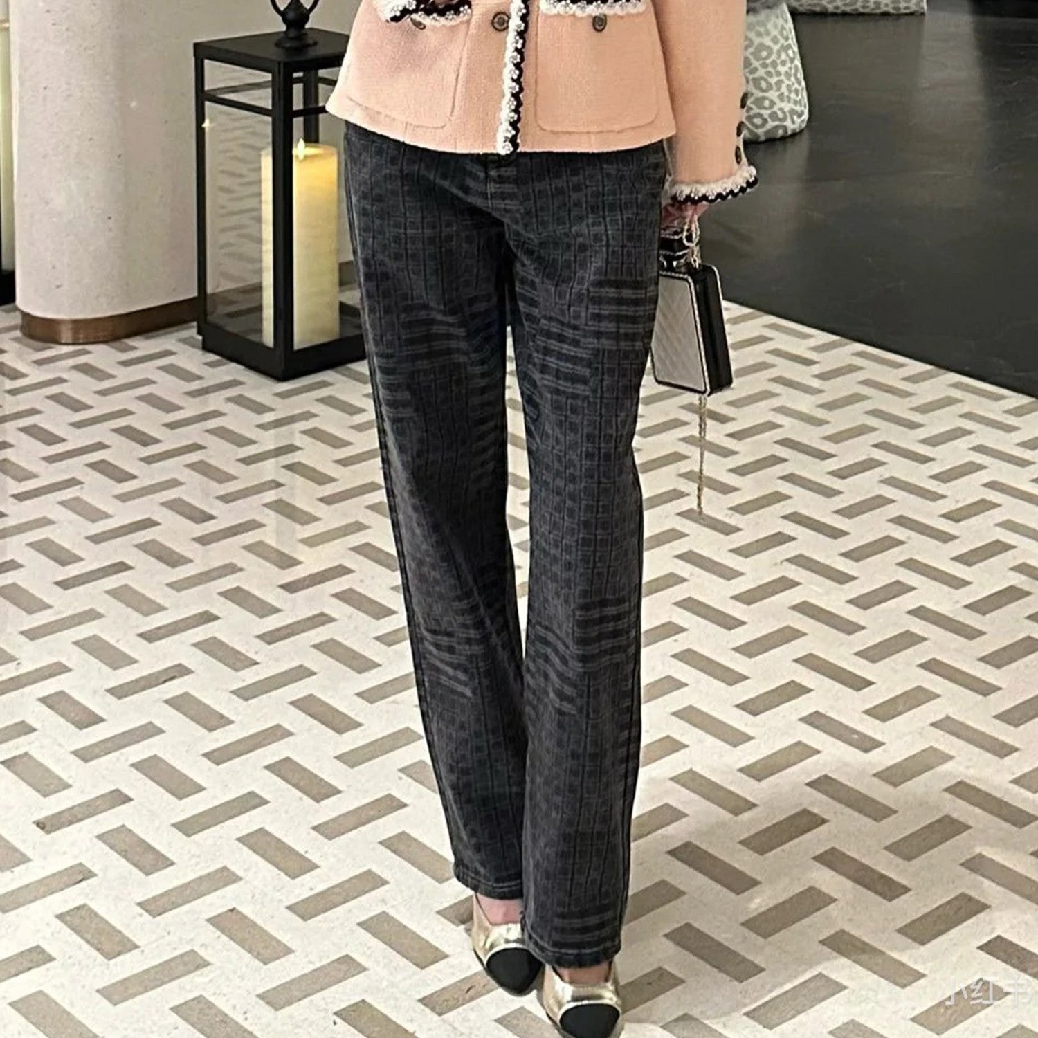 Women's Checkered Washed Gray Aged Jeans Camellia Button Slim Straight Denim Pants Ngvp #8942