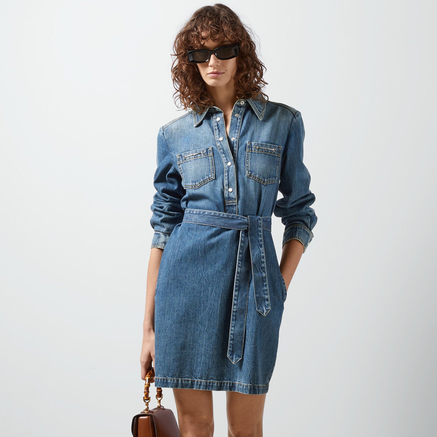 Women's Spring And Autumn Fashion Blue Denim Dress Vintage Silhouette Belted Shirt Dresses #71483