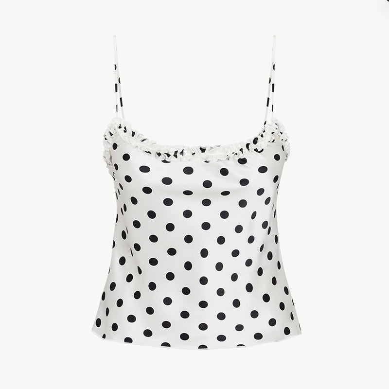 Realisation Par Women's Summer Polka Dot Printed White Round Neck Silk Vest Sleeveless Top Camisole Short Slimming Ngvp #1949