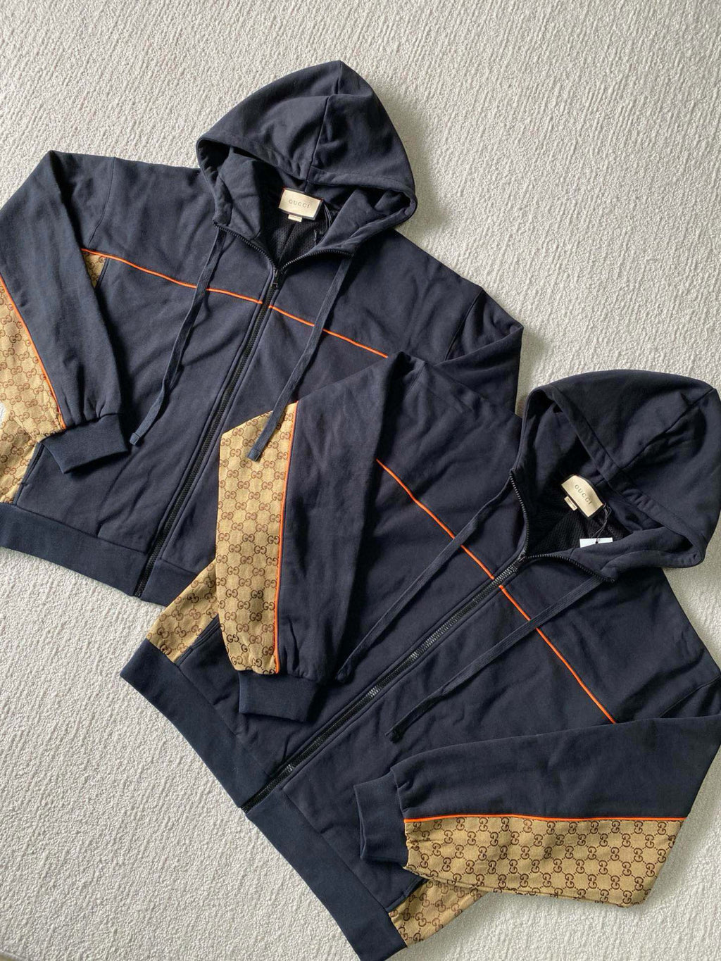 Men's Spring and Autumn Patchwork Logo Jacquard Zipper Hooded Long Sleeve Jacket Lace-Up Casual Shorts Pants Suit Set #98839