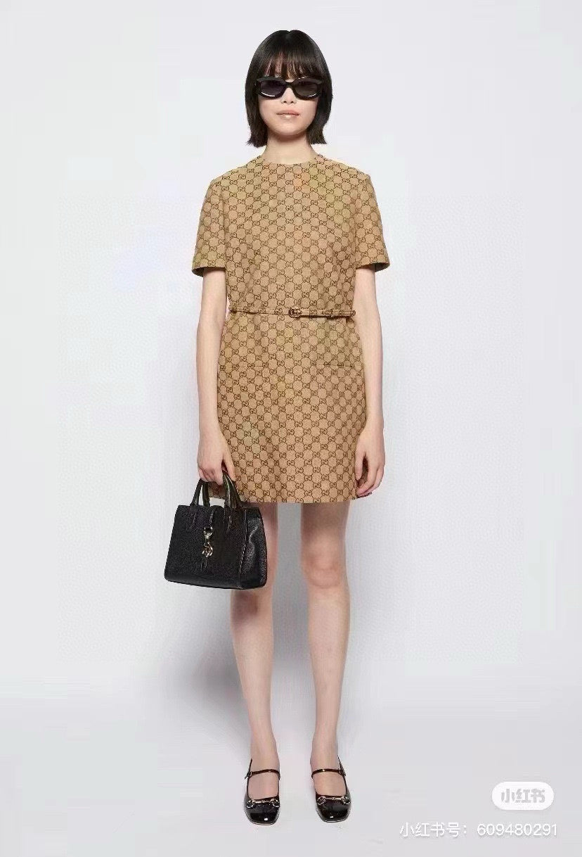 Women's Summer GG Jacquard Round Neck Canvas Short Sleeve Solid Color Fitted Dresses #71756