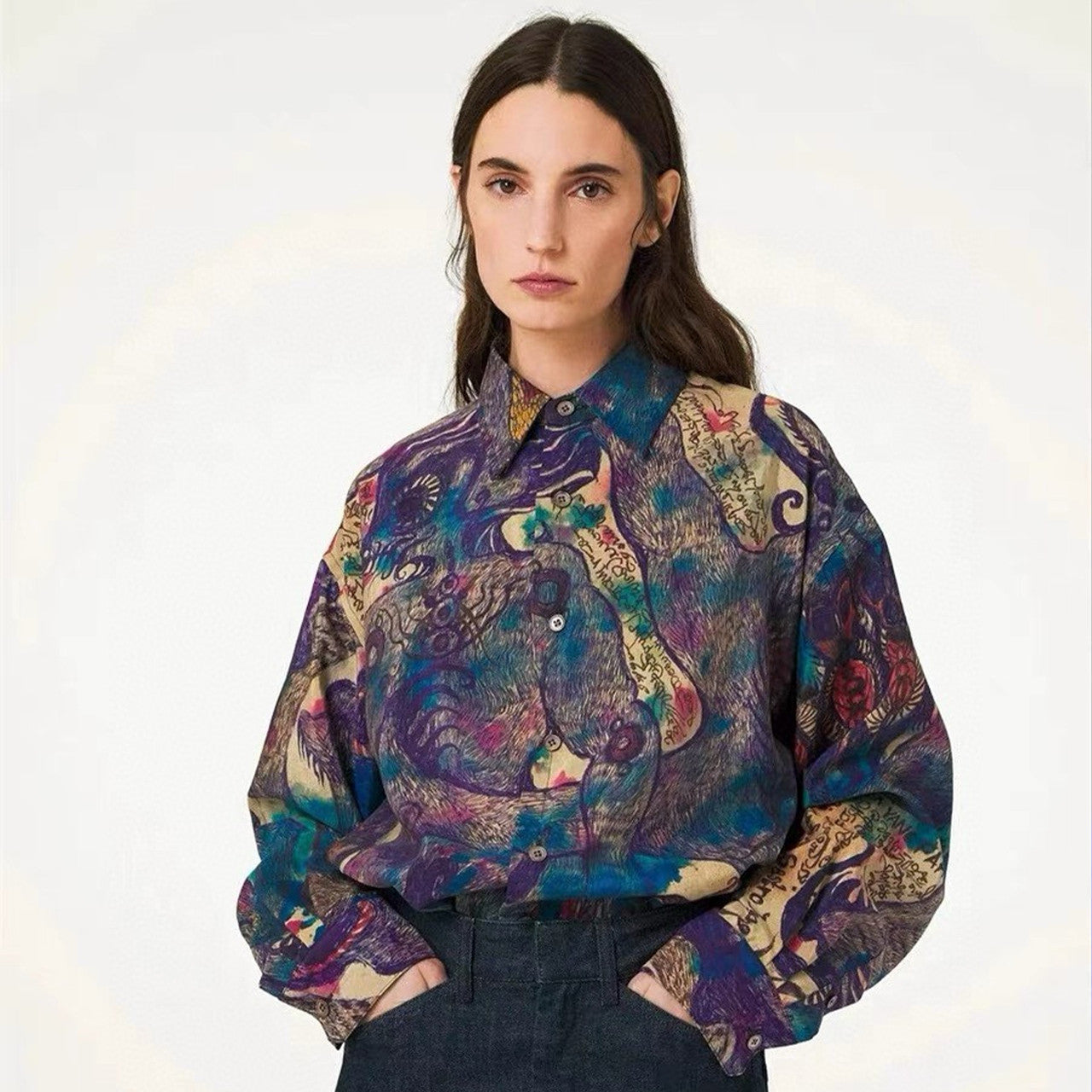 Lemaire Men's Women's Fashion Spring And Autumn Full Print Lapel Loose Long Sleeve Shirt Ngvp #7914