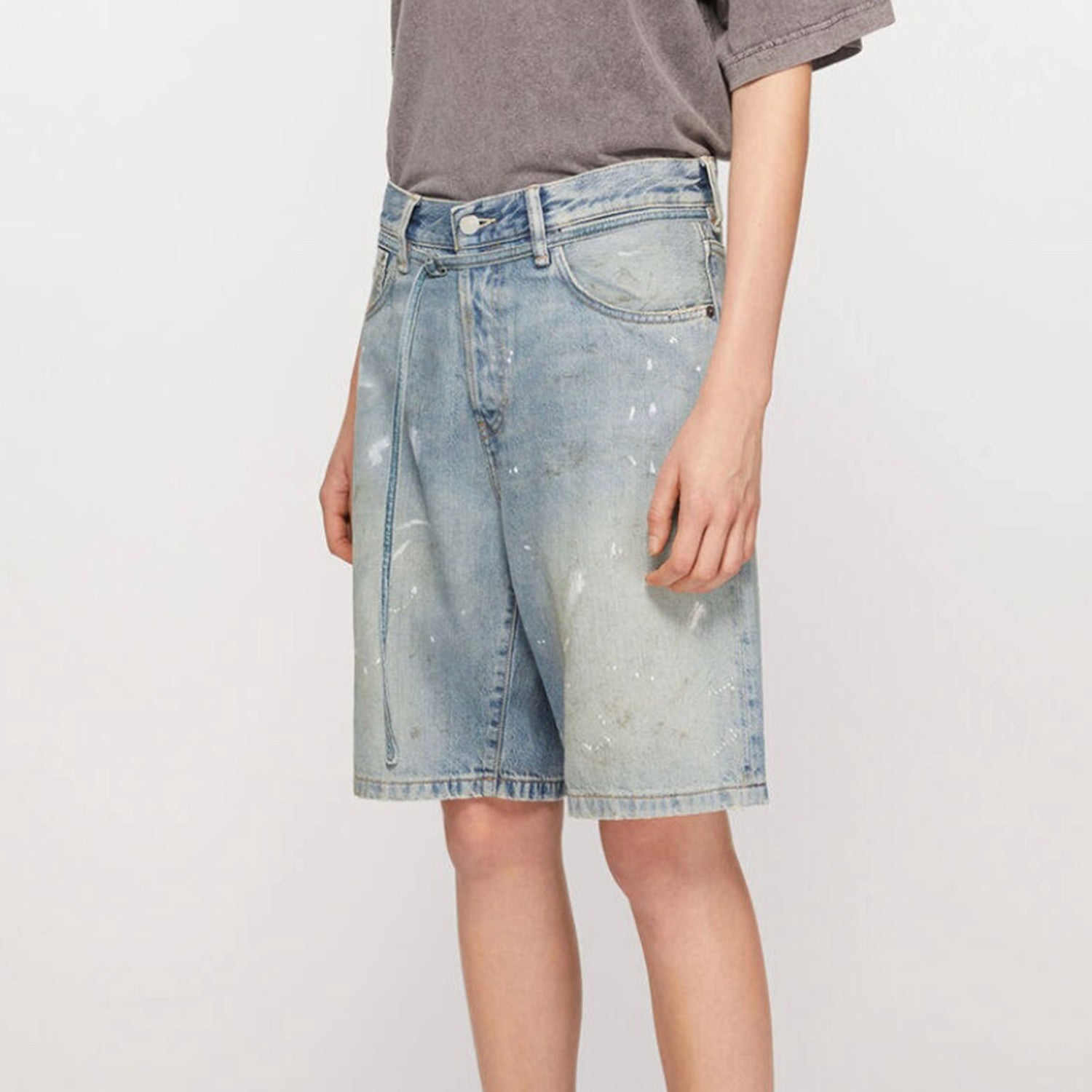 Men's And Women's Spring/summer Cotton Washed Splashed Ink Denim Shorts With Zipper Loose Wide Leg Jeans Pants Ngvp #8523