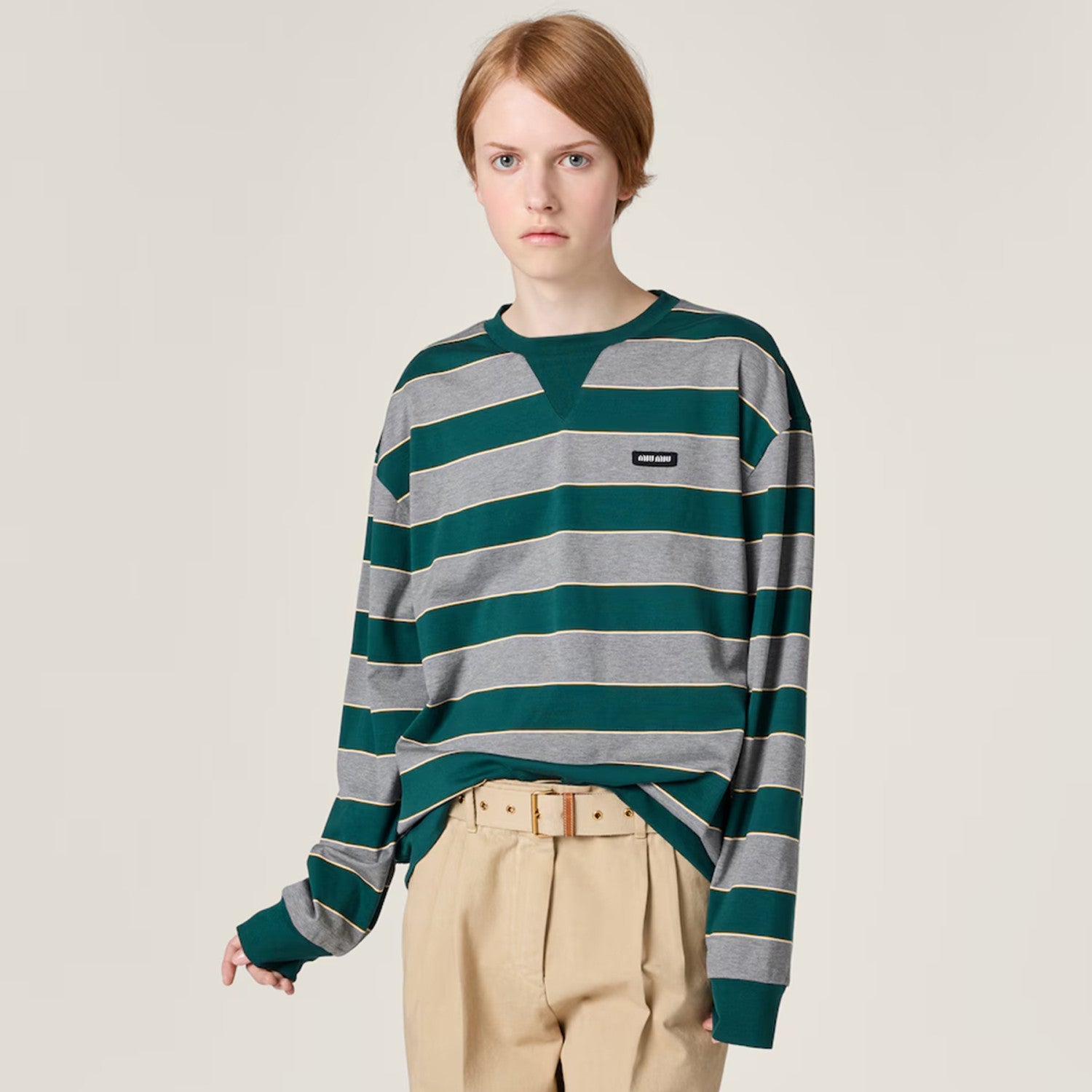 Women's Spring/Summer Green-and-Gray Striped Crew Neck Long-Sleeve T-Shirt Sweatshirt Casual Fashion Straight-Cut Versatile College-Style T-Shirt #194171