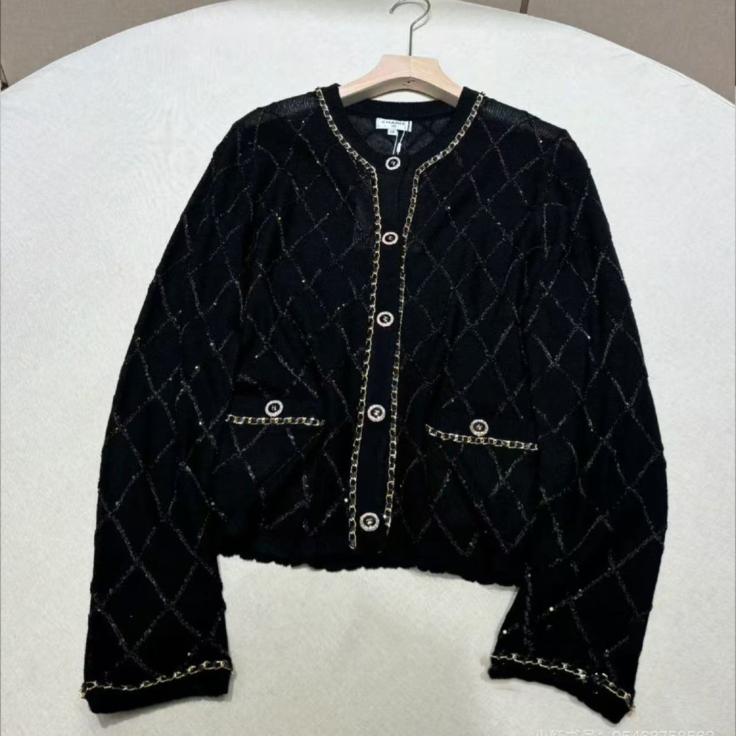 Women's Spring/autumn Black And White Double C Series Fashionable Elegant Delicate Cardigan Gold Line Single-breasted Knitted Sweater Ngvp #2242