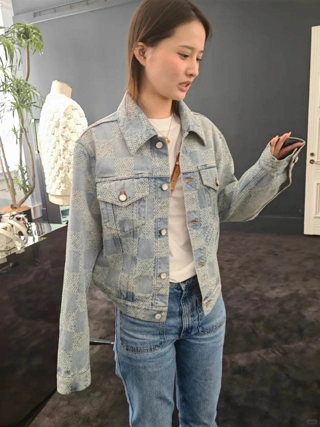 Men's Fall And Winter Mto Embellished Damier Denim Jacket Checkerboard Checkered Jacket With Diamonds Fashionable Versatile Jacket Ngvp #9126