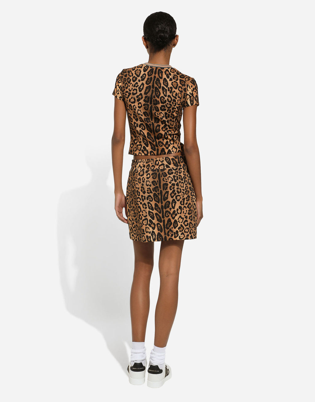 Women's Summer Leopard Crespo Cotton Round Neck Short Sleeve T-Shirt Casual Mini Skirt #71648