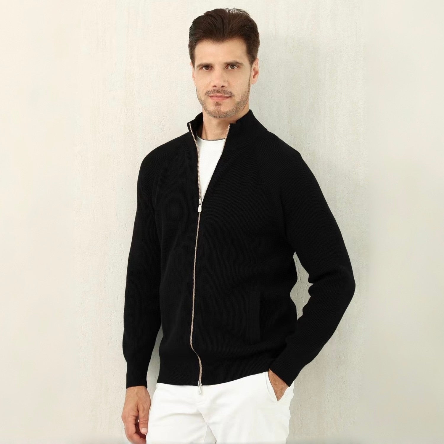 BC Men's Fall/Winter Fashion Casual Solid Color High Neck Double Zip Knit Cardigan #79221