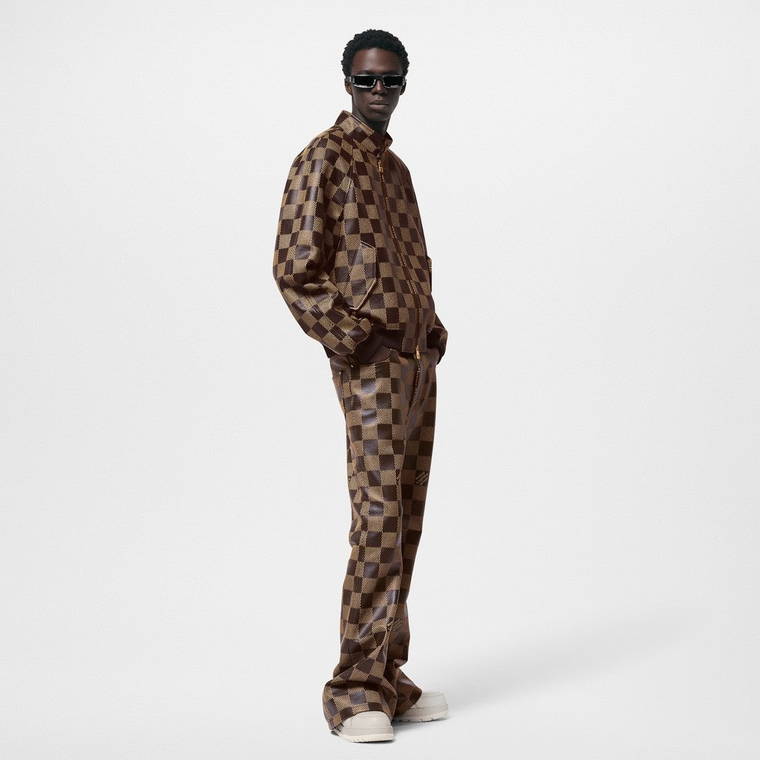 Men's Fall And Winter Brown Checkerboard Pattern Collar Zipper Cowhide Long Sleeved Jacket #72772