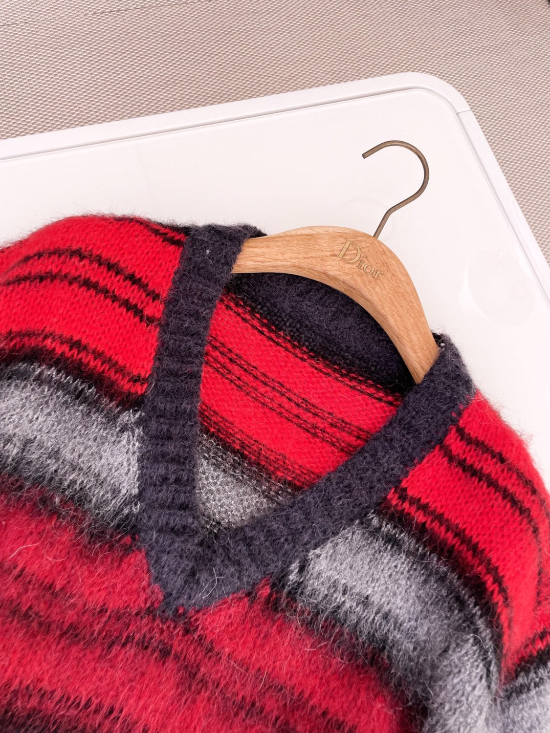 Women's Spring and Autumn Black and Red Color Block Mohair Striped Sweater #74583