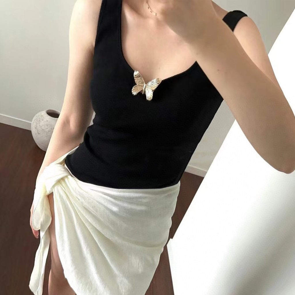 Blumarine Women's Spring And Summer Delicate Butterfly Metal Jewelry Vest Stretch Black Undershirt Fashion Casual Knit Sleeveless Tops Ngvp #8912