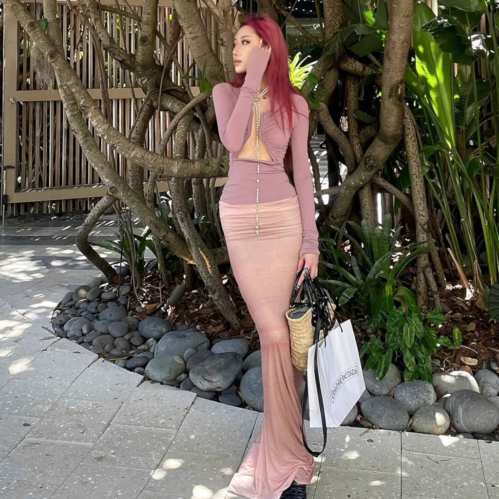 Women's Spring And Autumn Solid Color Hollow Structure Top Long Sleeve Sexy Fashion Versatile Tops Ngvp #9132