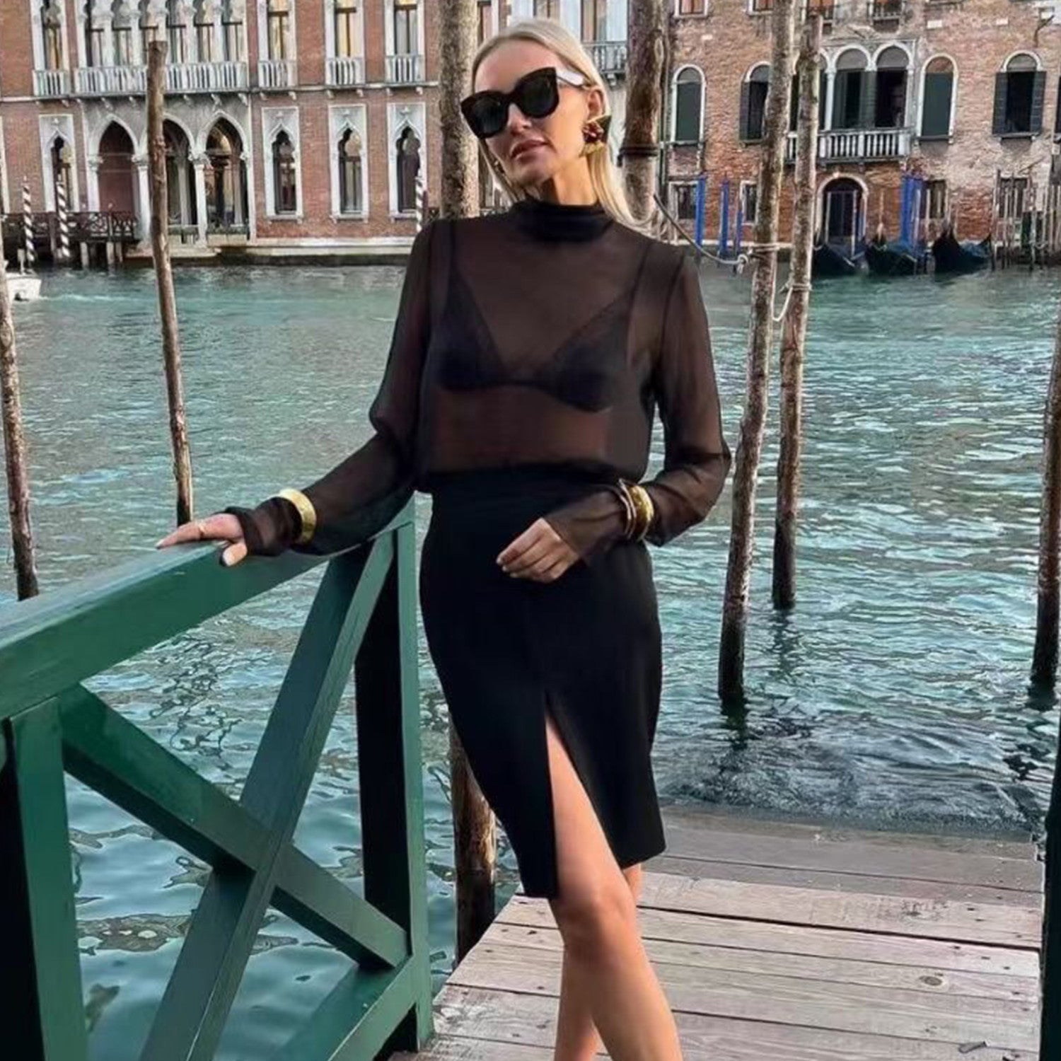 Women's Spring And Summer Tulle Bottoming Top High Collar Temperament Lightweight Long-sleeved Comfortable Shirt #73382