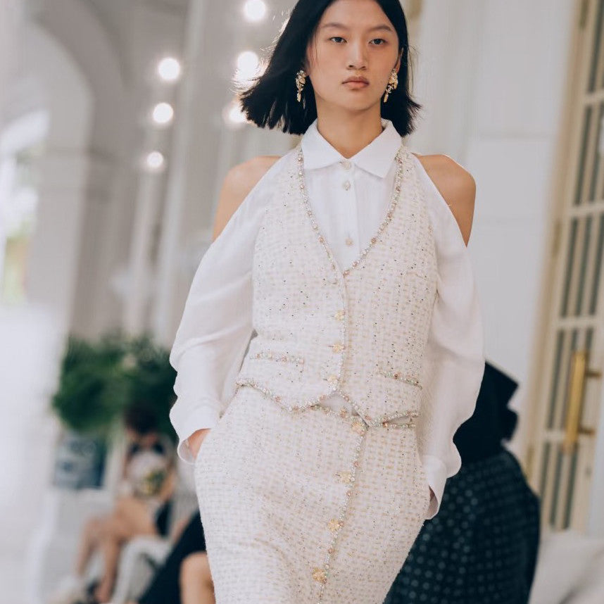 UK Mi Luxury Fashion 26SS Beaded Tweed Halter Vest Top Jacket Skirt Set Suit #194254