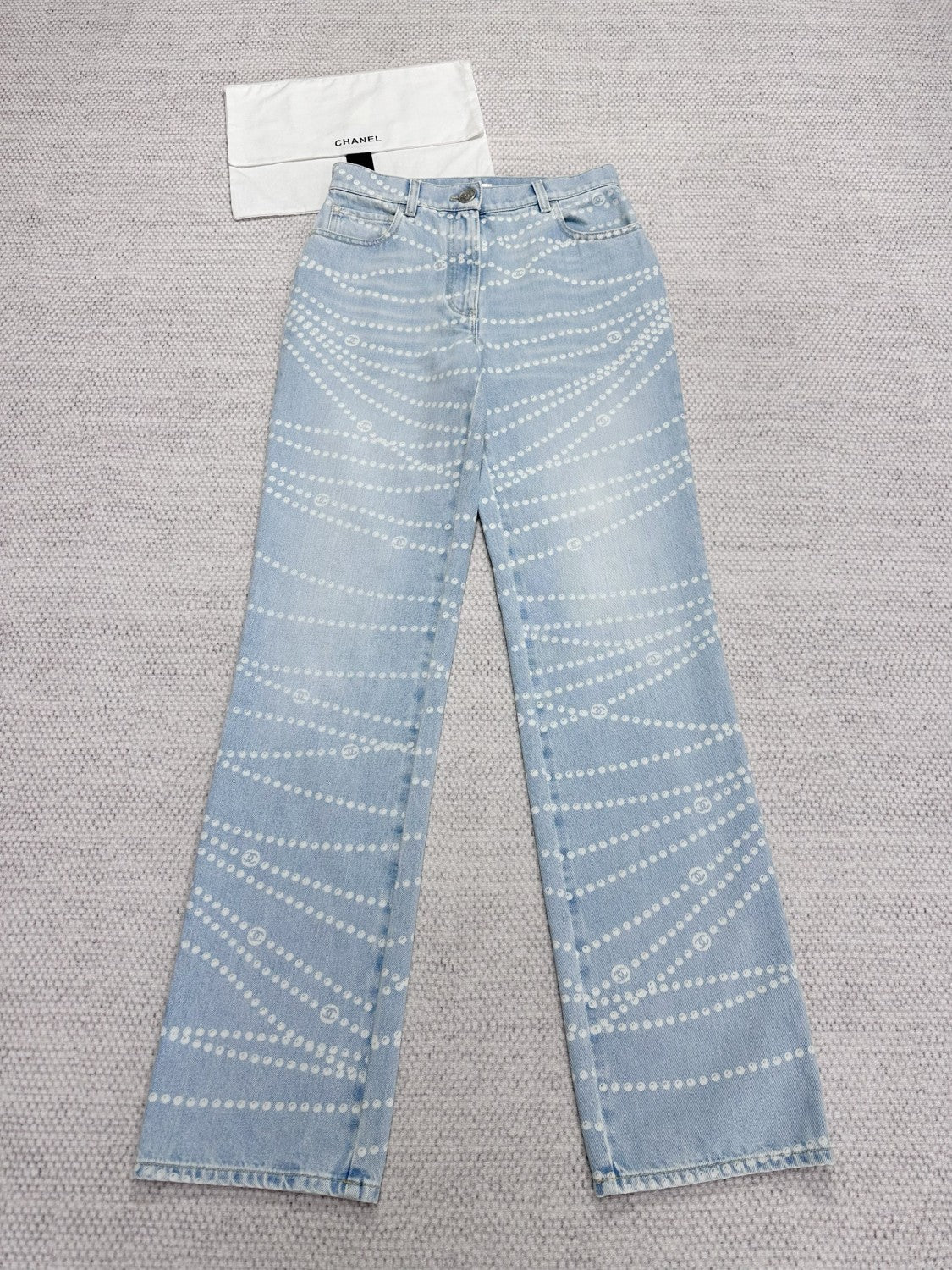 Women's Four Seasons Pearl Chain Print Cotton Casual Solid Color Straight Jeans Denim Pants #76229