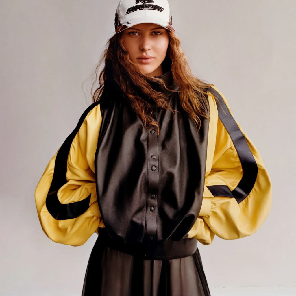 Women's Spring And Autumn Collar Pleated Sheepskin Jacket Single-breasted Color Blocking Casual Fashion Jacket Ngvp #8698