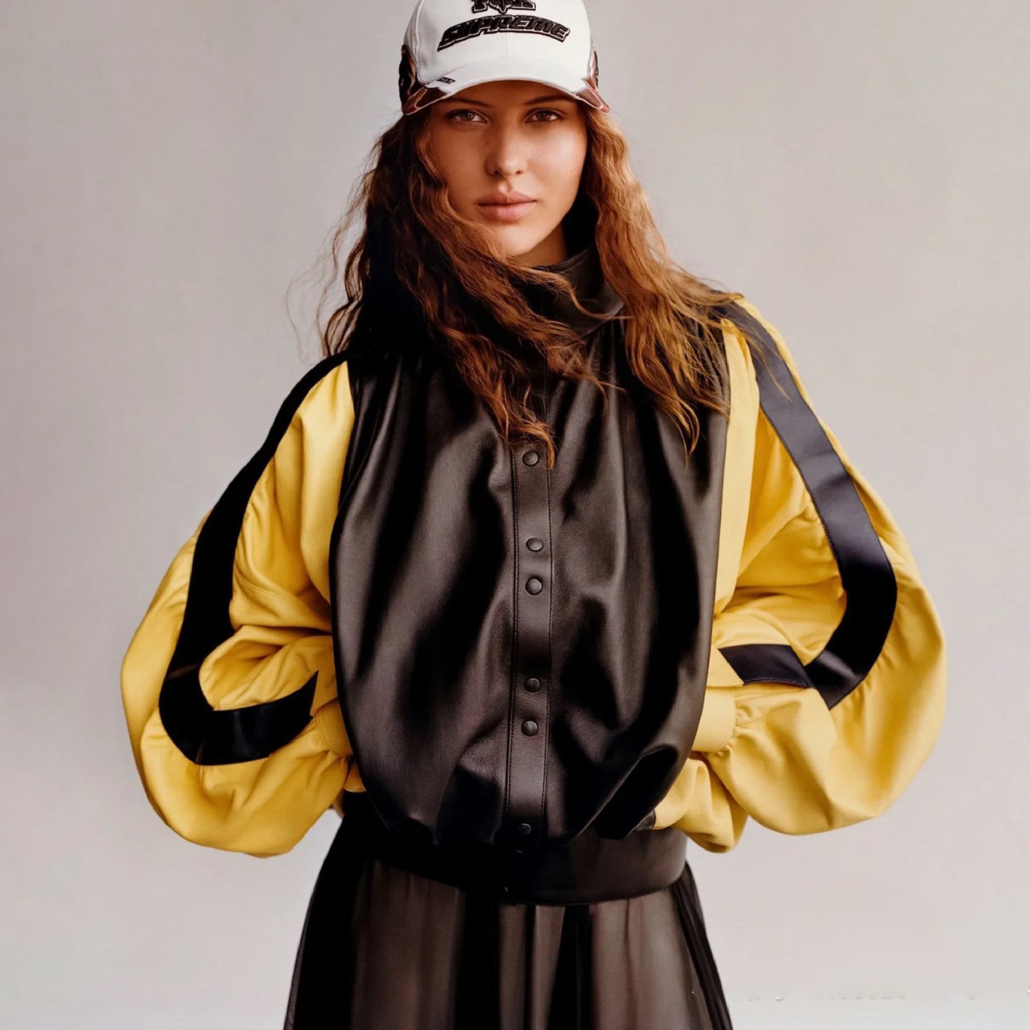 Women's Spring And Autumn Collar Pleated Sheepskin Jacket Single-breasted Color Blocking Casual Fashion Jacket Ngvp #8698