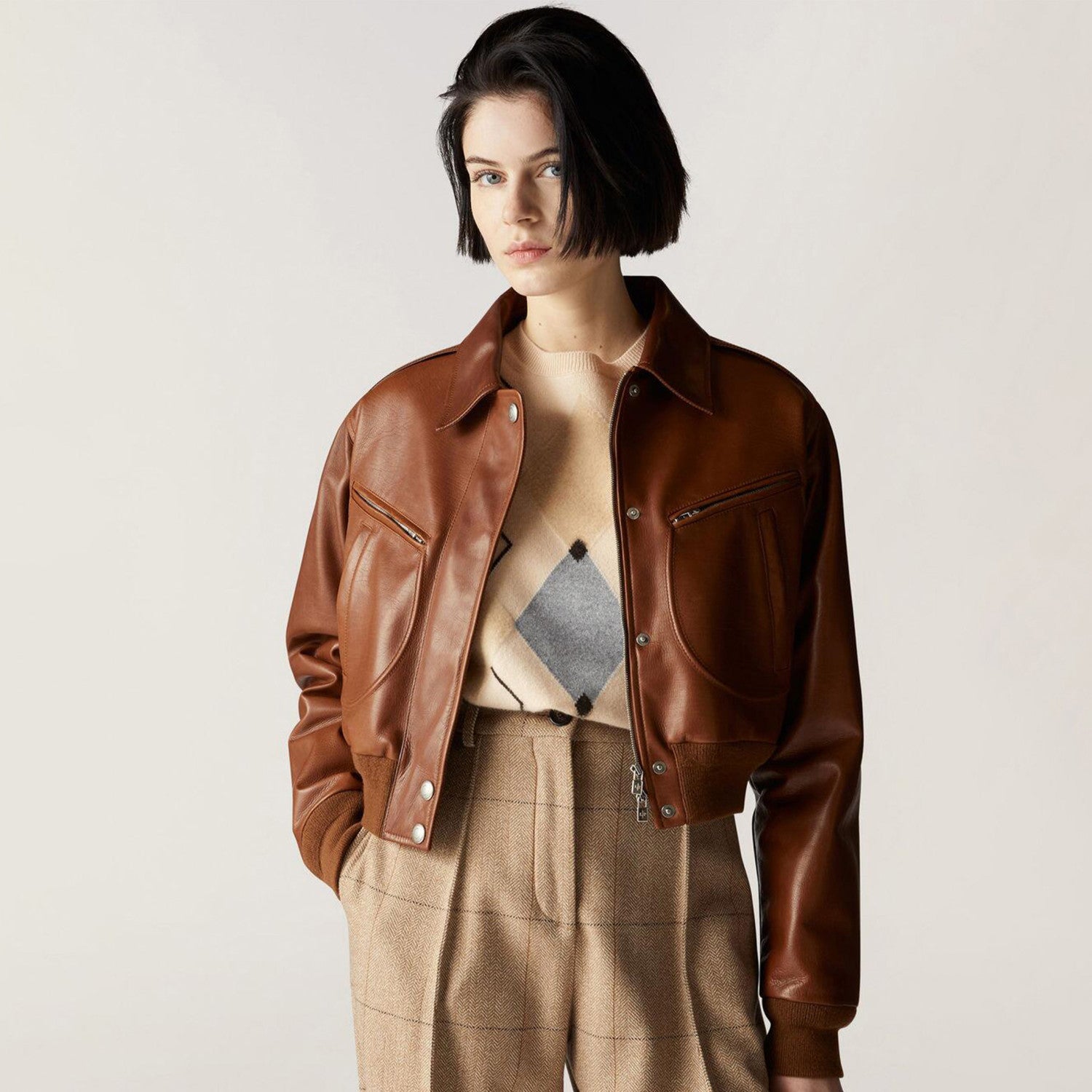 Women's Spring And Autumn Fashion Retro Solid Color Lapel Zipper Long Sleeve Sheepskin Roldan Bomber Jacket Ngvp #6647