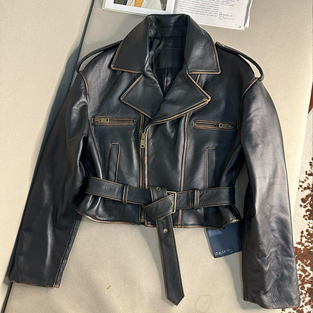 Women's Spring And Autumn Solid Color Fashion Retro Zipper Short Section Long-Sleeved Cowhide Jacket Coat Ngvp #8134