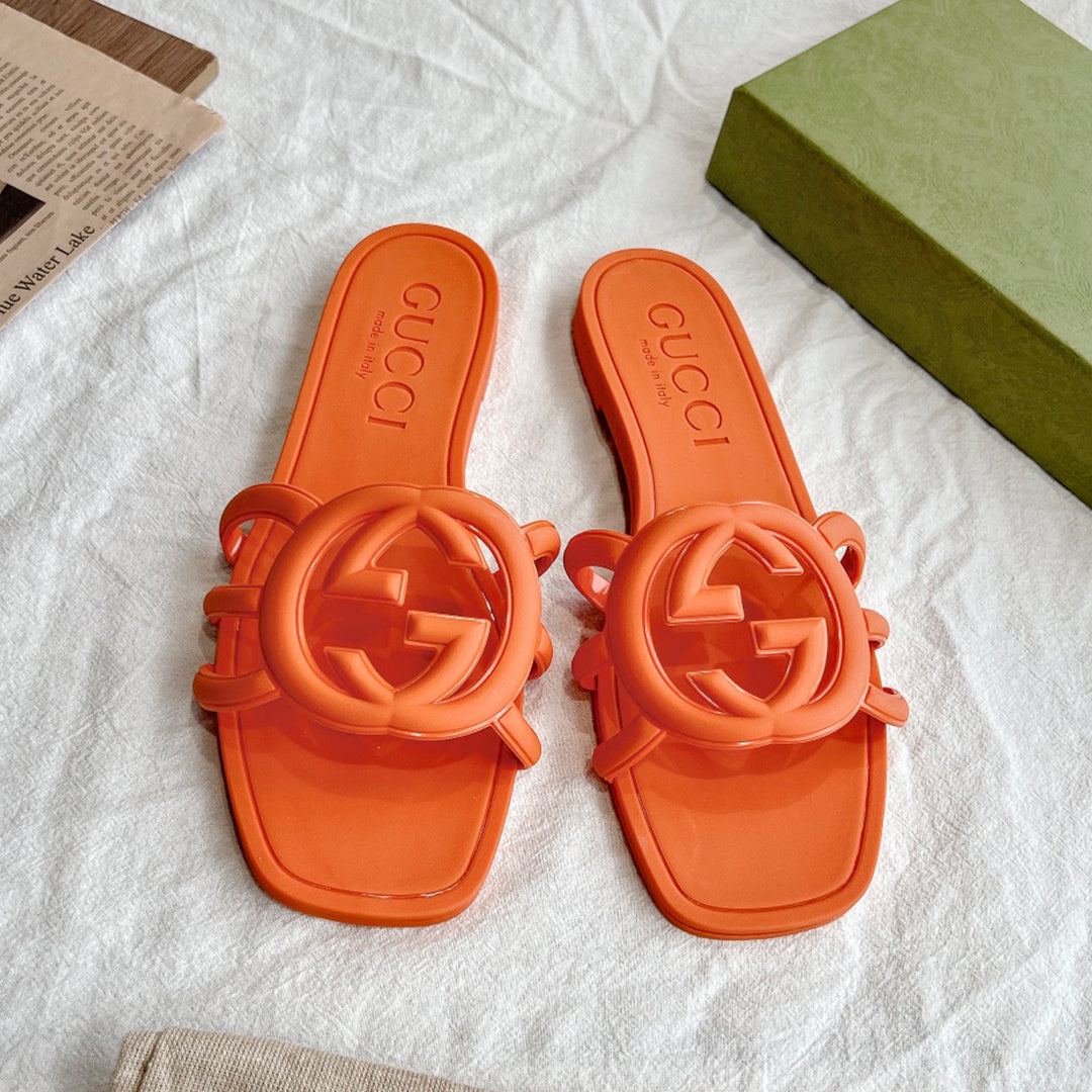 GG  Women's Summer Double G Hollow out Square Head Flat Slippers Solid Color Casual Shoes #81341