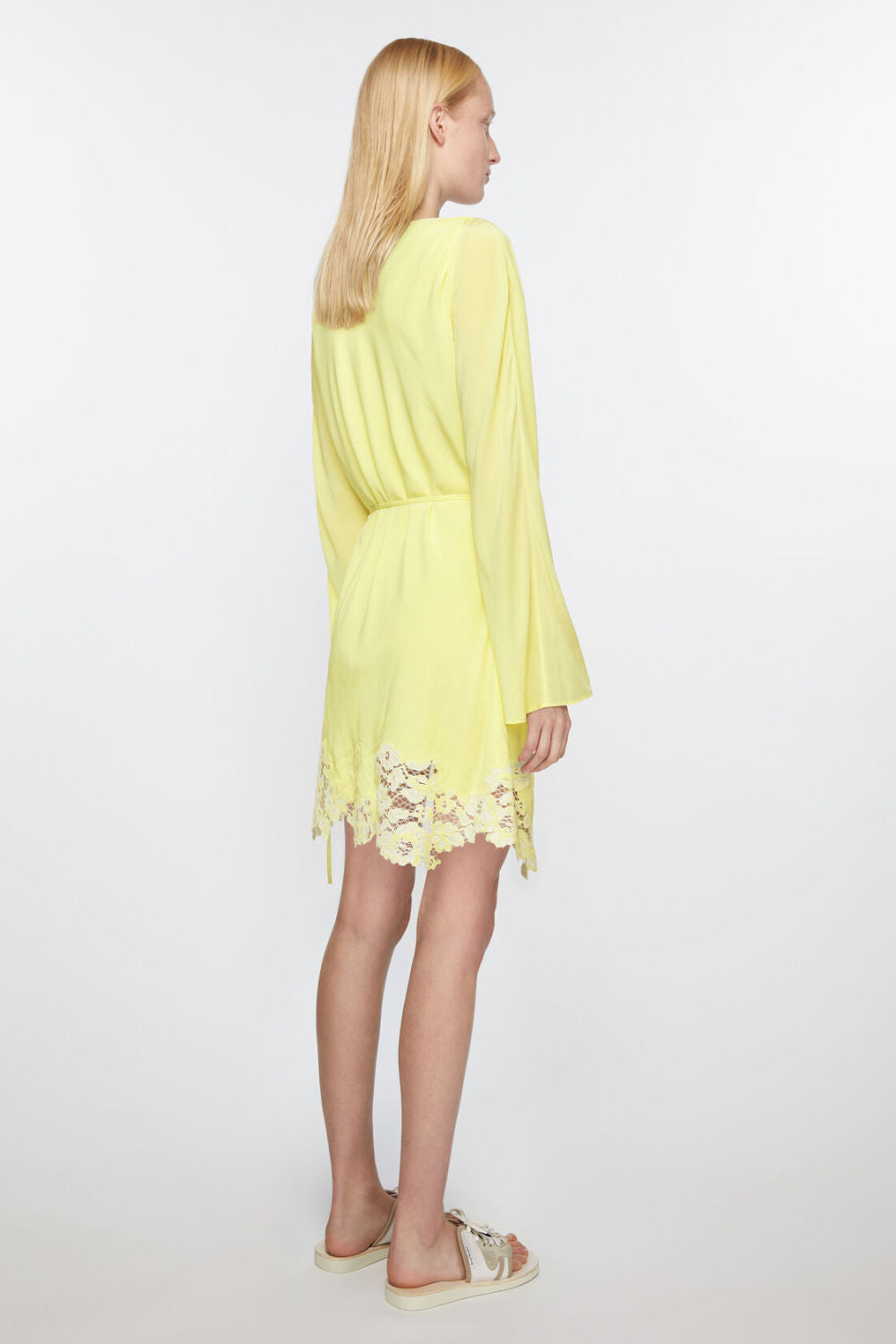 Women's Summer Yellow Lace Side Shoulder Hollow Tie Long Sleeve Fitted Dresses Ngvp #8747