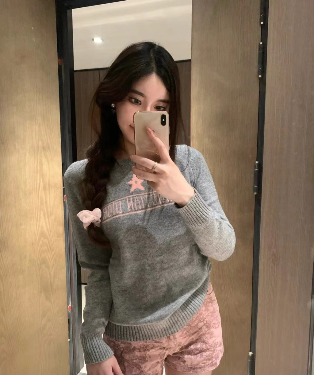 Women's Autumn And Winter Jacquard Knit Sweater Gray Pink 100% Cashmere Fabric With Logo Round Neck Long Sleeve Pullover Knitted Sweater #71784