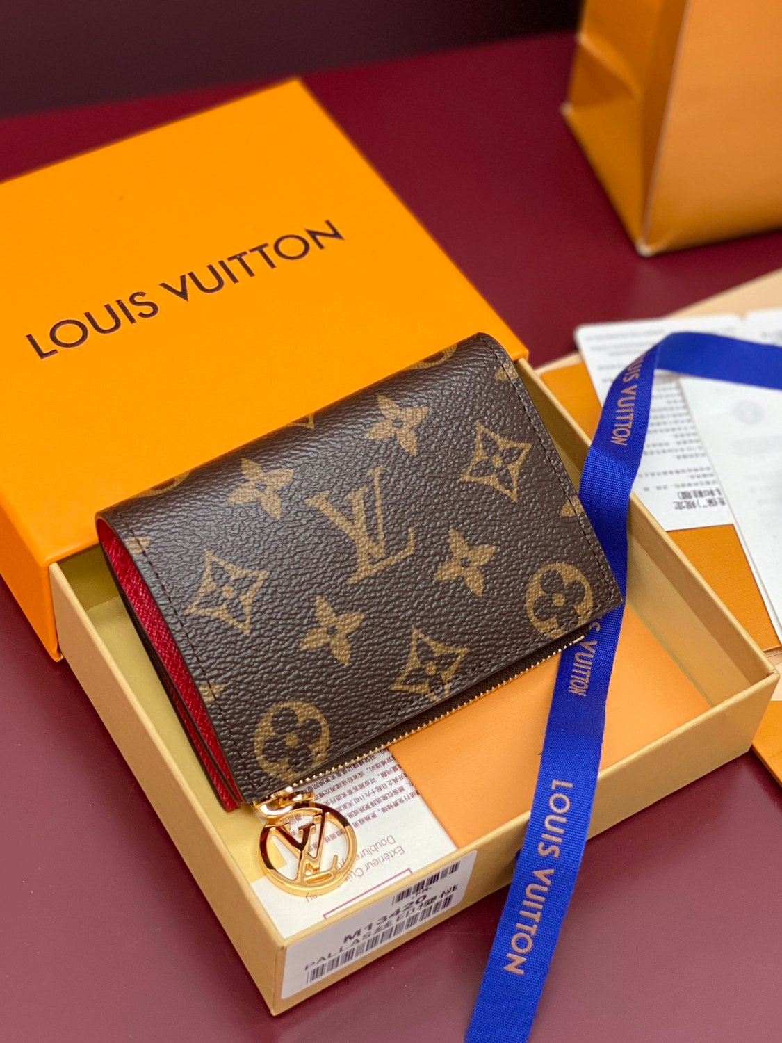 LV x TM LISA Women's Brown Letter Print Cherry Pattern Leather Wallet Bag Bags #77596