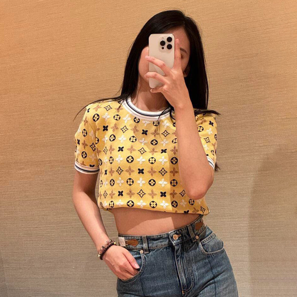 Women's Summer Solid Color Logo Printed Round Neck Short Sleeve Knit T-Shirt #72797