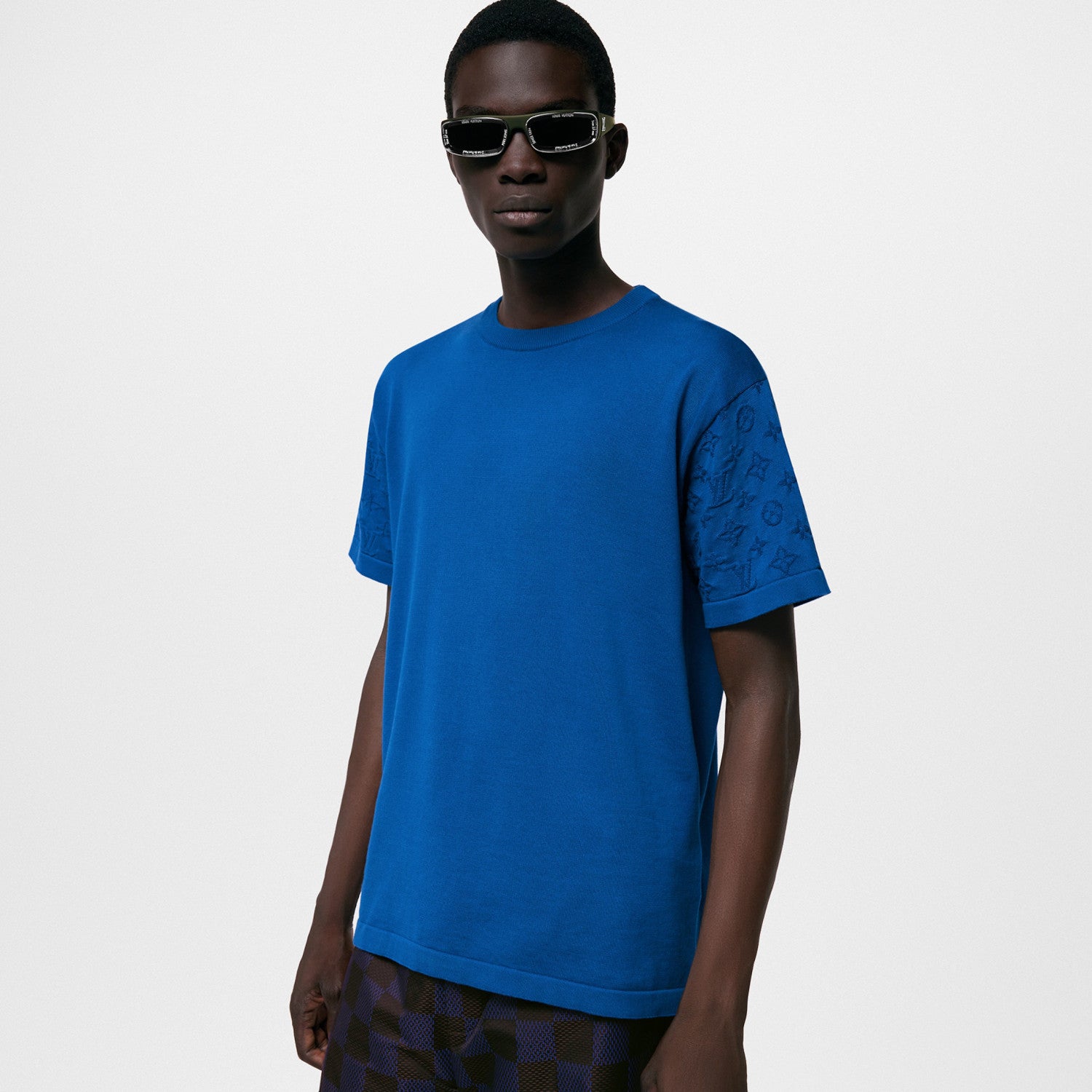 Men's Summer Blue Logo Jacquard Round Neck Cotton Short Sleeve T-Shirt #98663