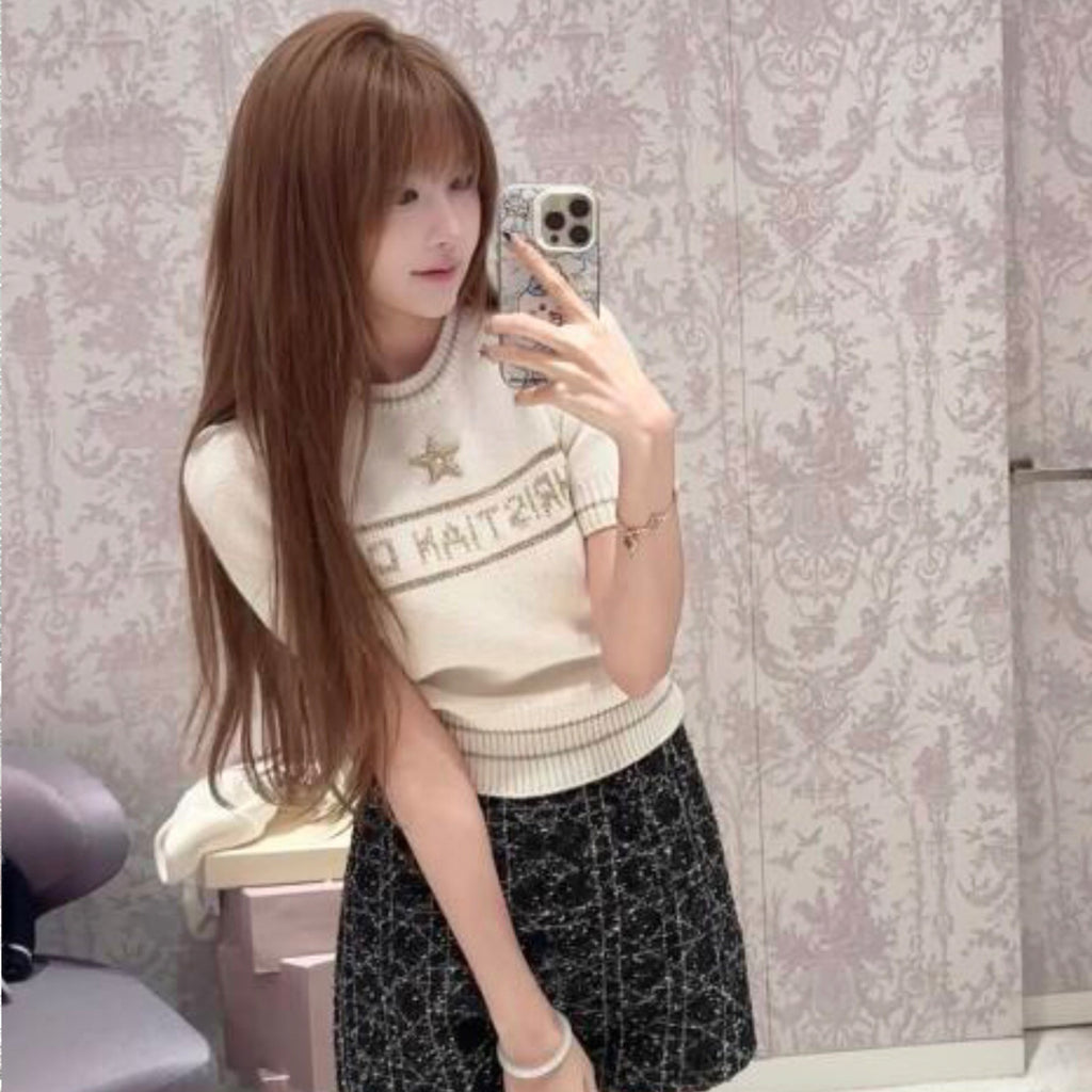 Women's Wool Blend Knit Short Sleeve Top Round Neck Fashion Temperament Short T-Shirt Knitwear #81137