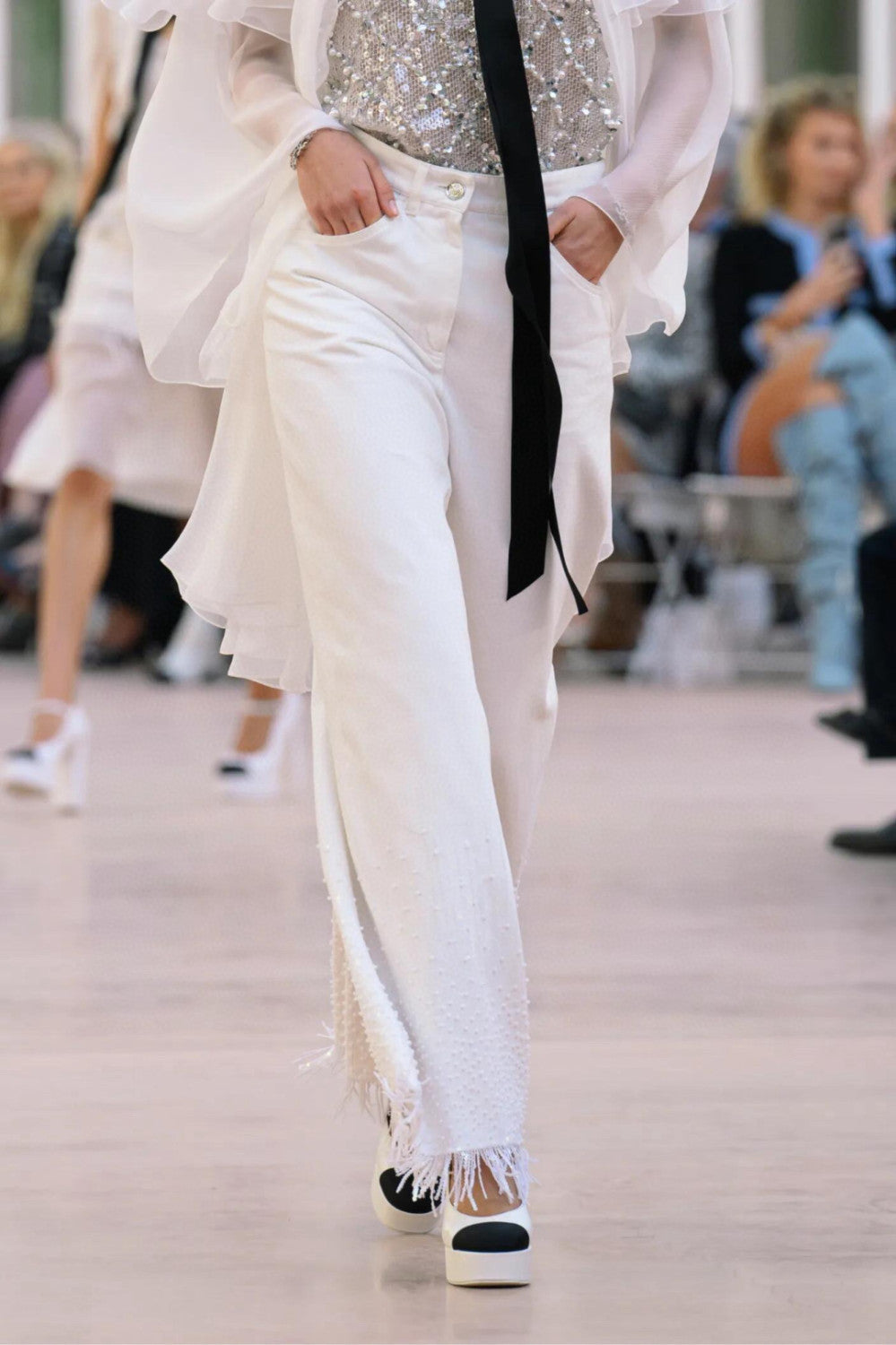 Women's Spring/summer Sequined Fringe Straight-leg Pants Black And White Denim Loose-fit Wide-leg  Long Pants Trousers Ngvp #2169