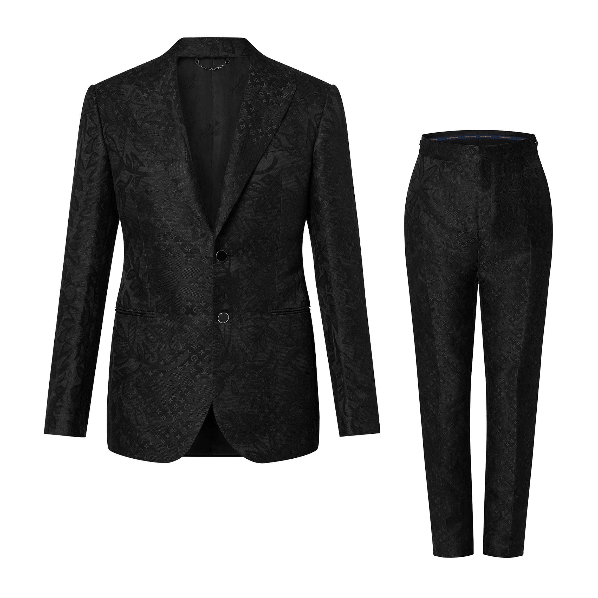 Men's Black Full Logo Printed Single Breasted Cotton Long Sleeve Jacket Coat Blazer Pants Suit Set #98784