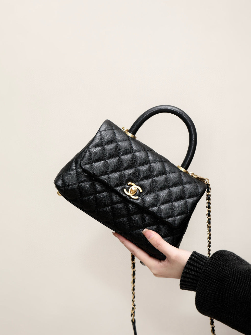 COCO Handle 16 Classic Logo Black Gold Leather Caviar Chain Shoulder Crossbody Mini Small Medium Women's Spring Summer Black Bag Bags #81386