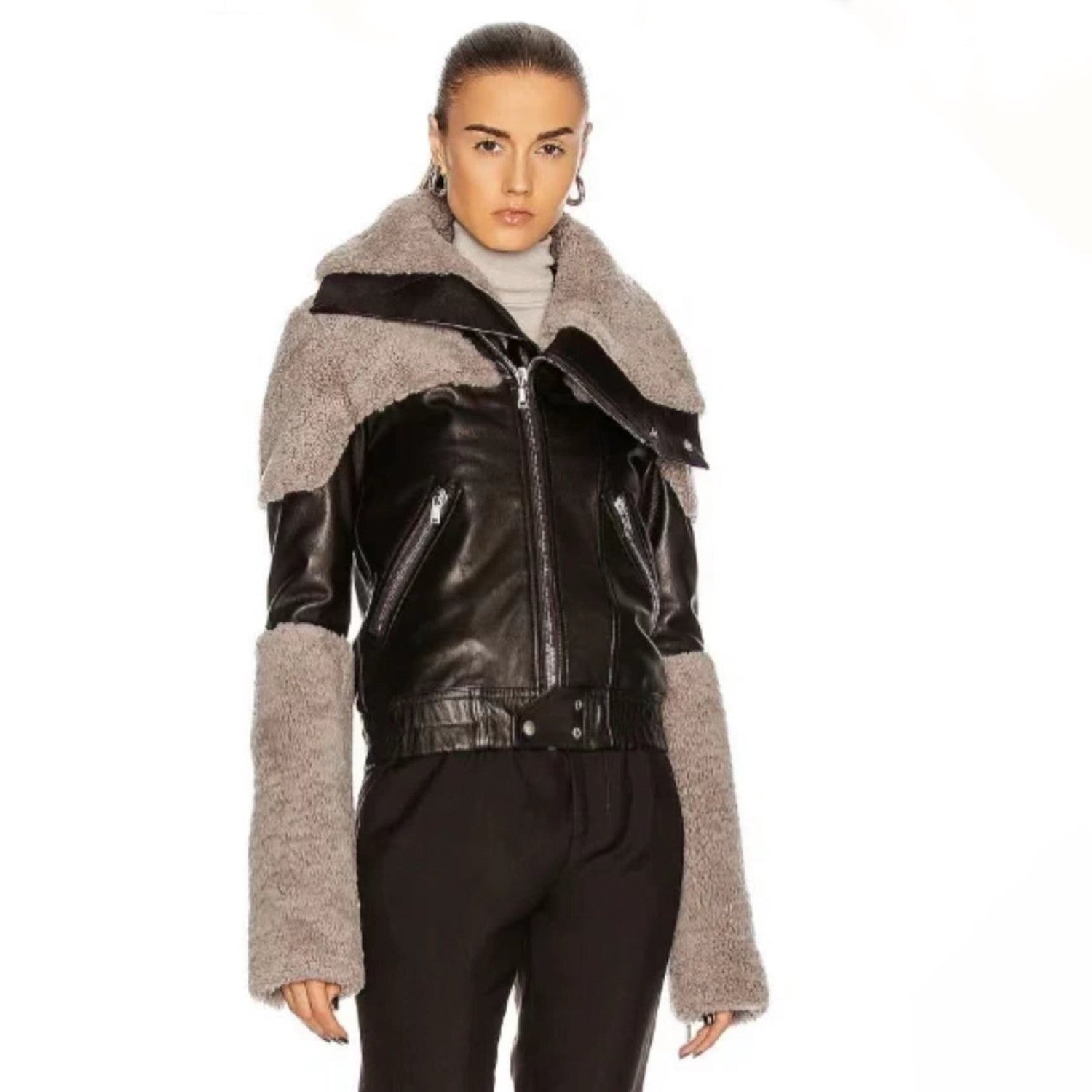 Men's And Women's Patchwork Collar Leather Jacket Fashion High Street Cool Lapel Short Jacket Ngvp #6628