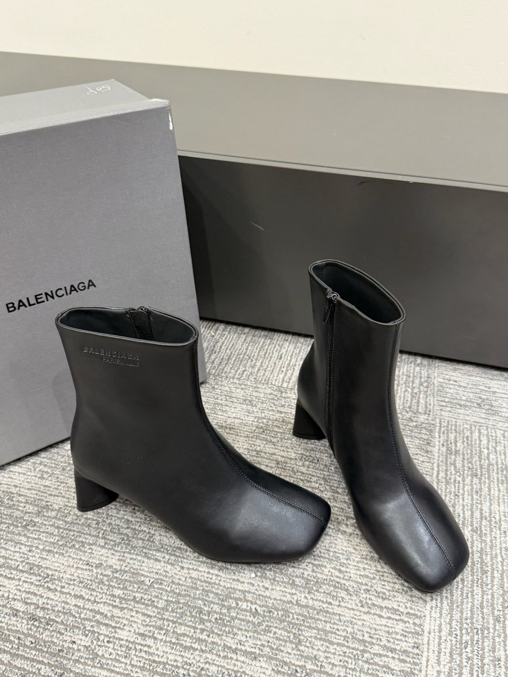 B DUTY FREE Women's Solid Color Letter Print Cowhide Square Toe Chunky Heel Short Boots Shoes #77869