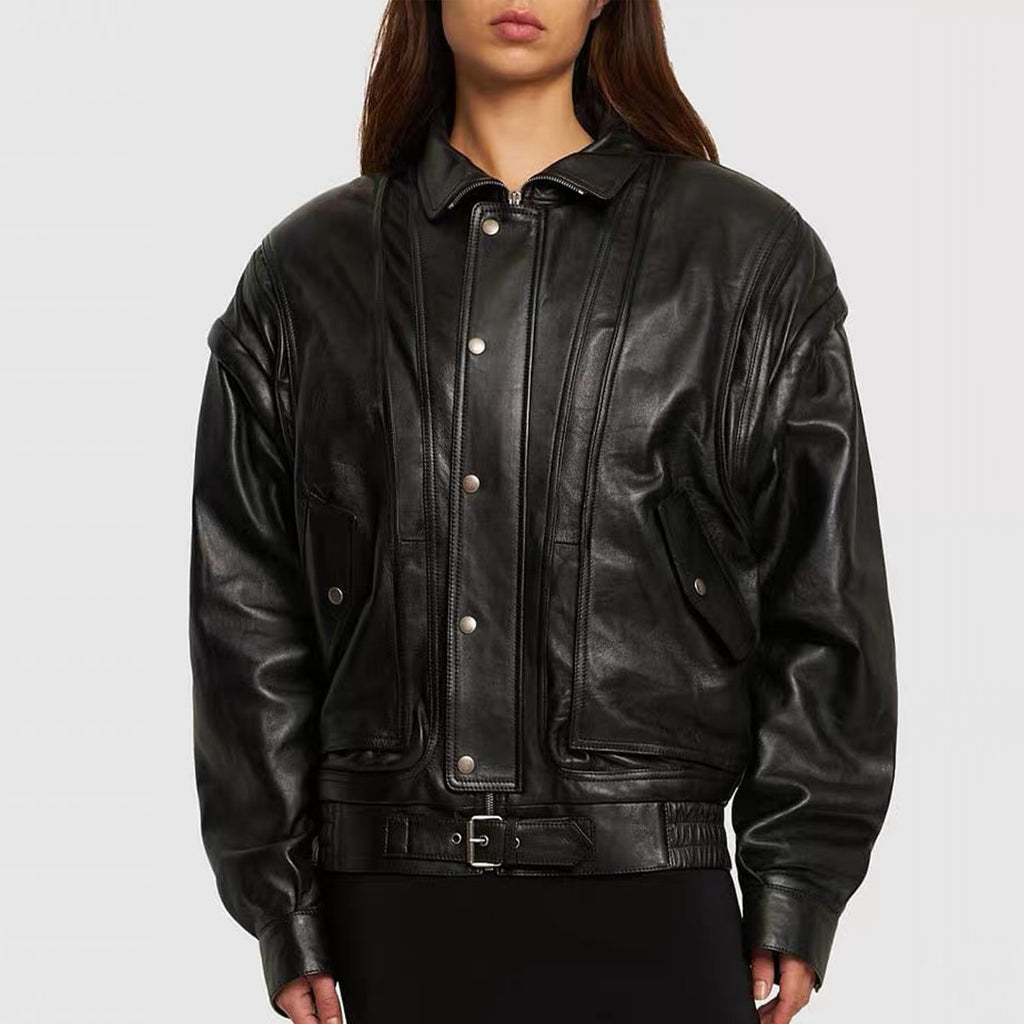 Women's Spring And Autumn Fashion Standing Collar Detachable Sleeves Black Oversized Lambskin Jacket Ngvp #8132