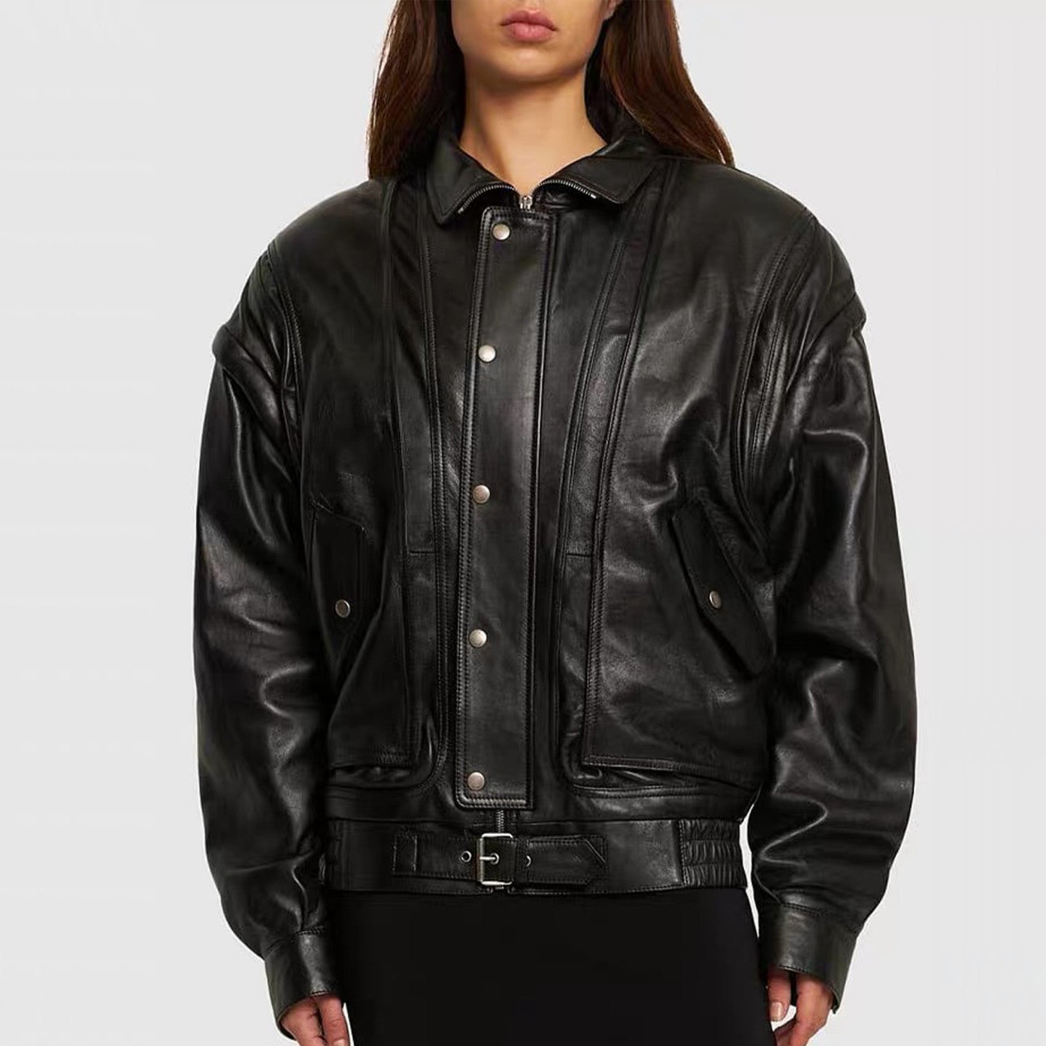 Women's Spring And Autumn Fashion Standing Collar Detachable Sleeves Black Oversized Lambskin Jacket Ngvp #8132