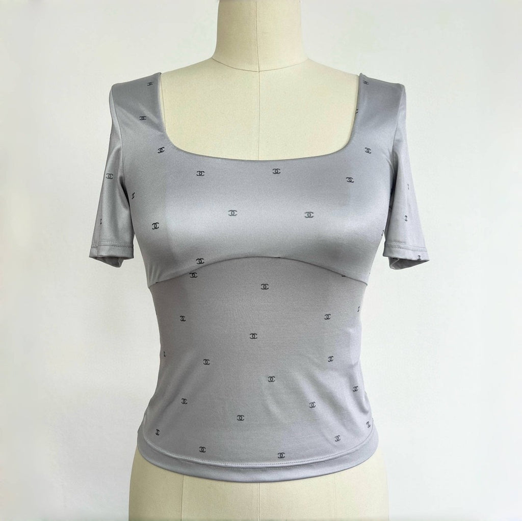 Women's Summer Gray Logo Printed Square Neck Cotton Short Sleeve T-Shirt Top #72533