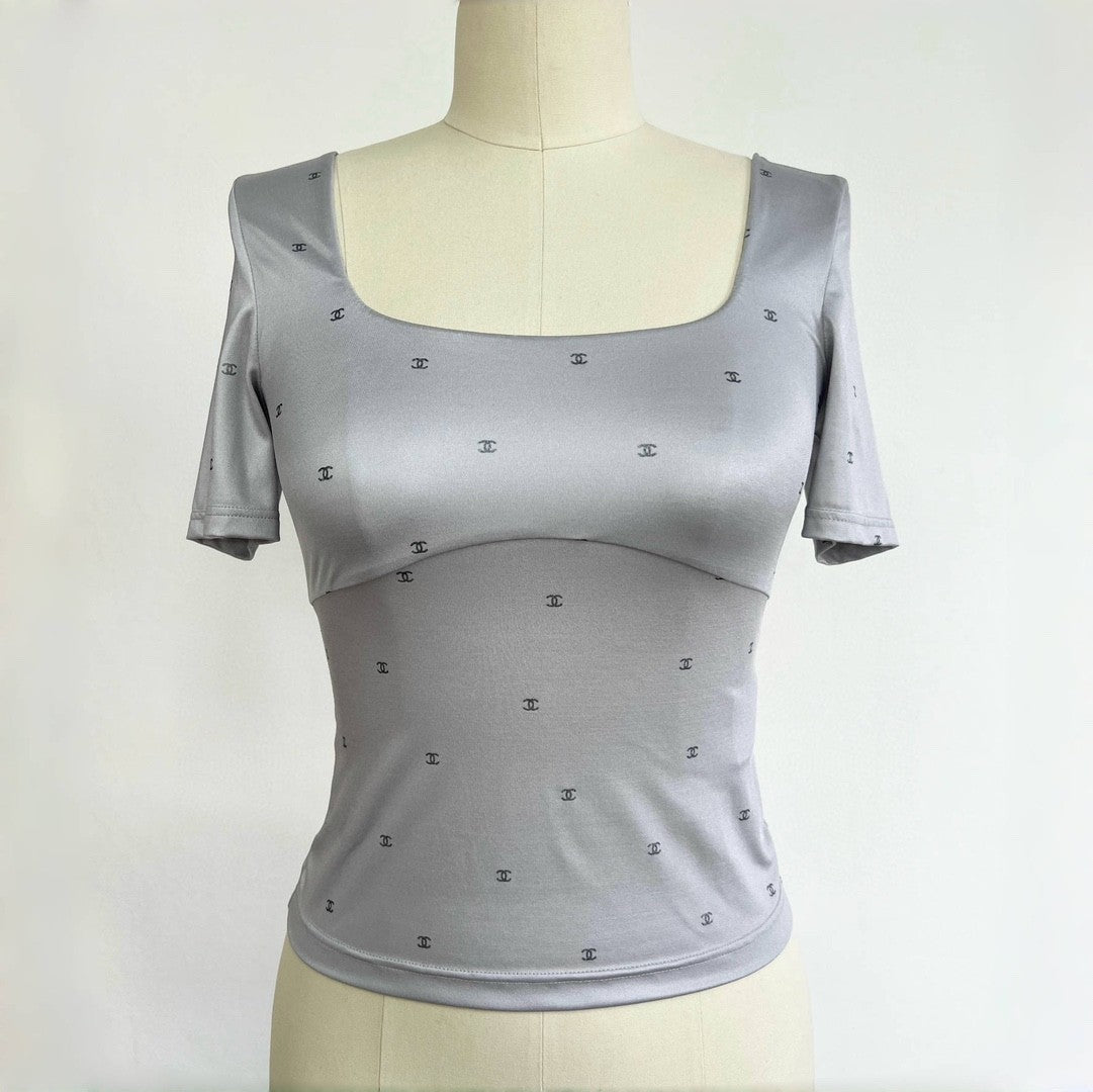 Women's Summer Gray Logo Printed Square Neck Cotton Short Sleeve T-Shirt Top #72533