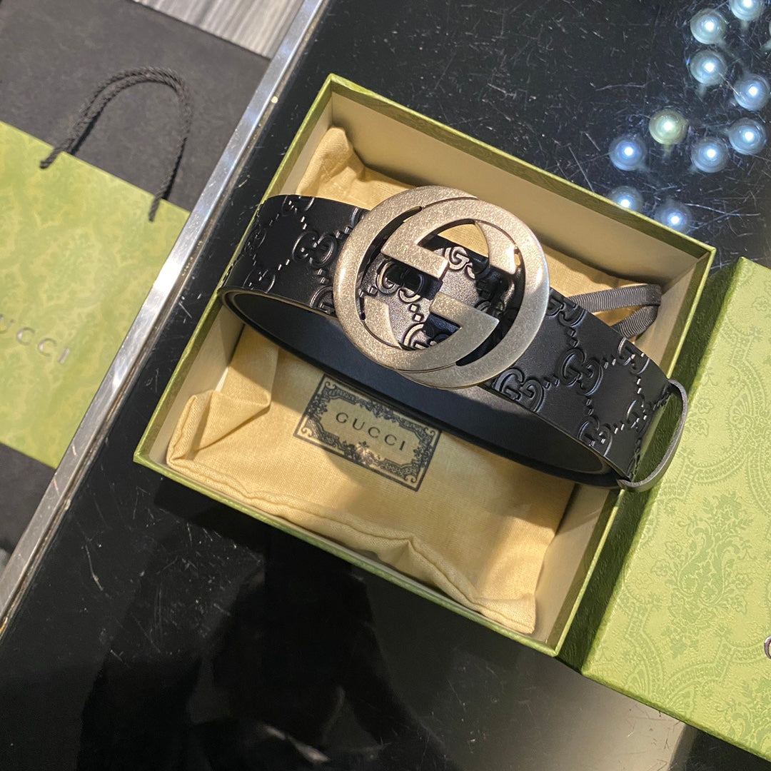 Men's Gold Logo Smooth Buckle Black Leather Thin Belt Width 3.8cm #72694