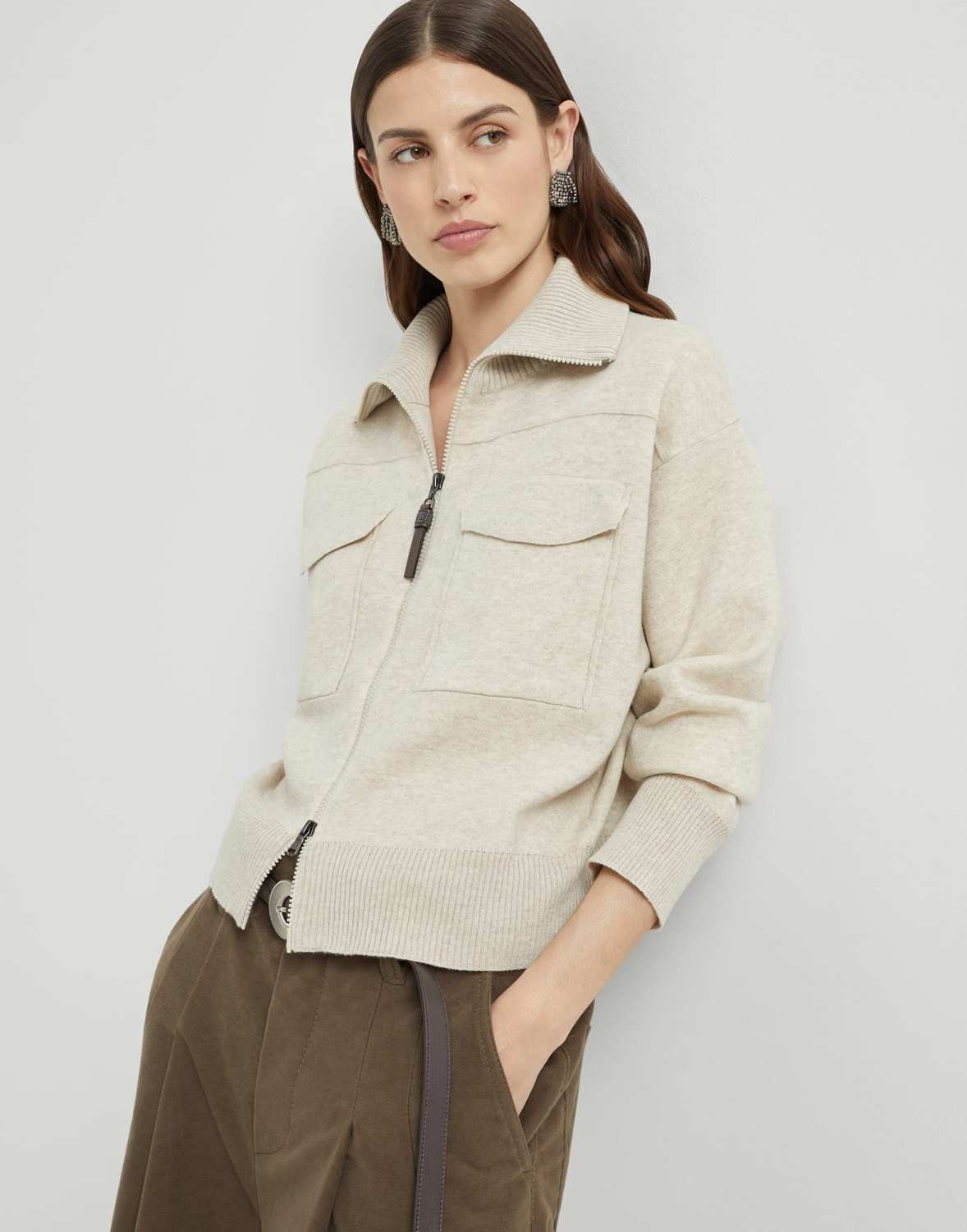 Women's Spring/Fall Cashmere High-Neck Zipper Coat Solid Color Long-Sleeve Double-Faced Knit Cardigan With Shiny Zipper Pull Ngvp #2312