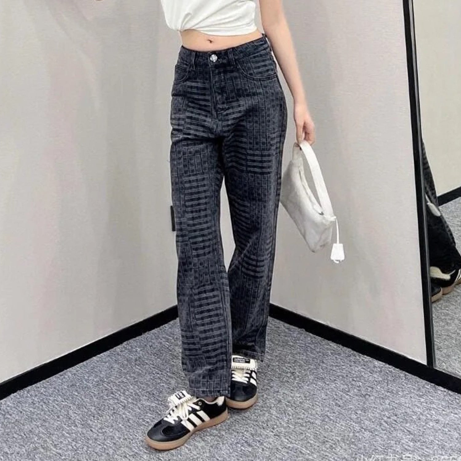 Women's Checkered Washed Gray Aged Jeans Camellia Button Slim Straight Denim Pants Ngvp #8942