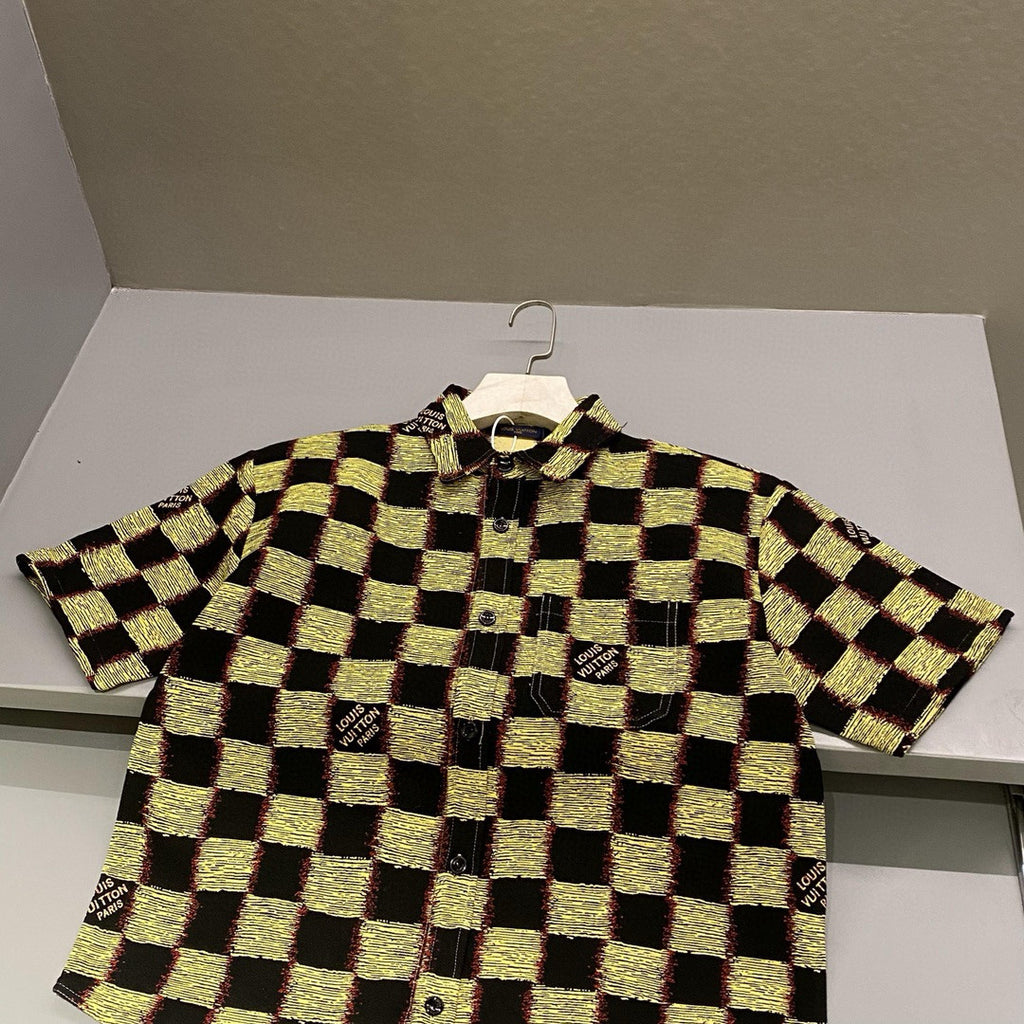 Men's Summer Yellow Logo Printed Lapel Single Breasted Short Sleeve Wool Shirt #98437