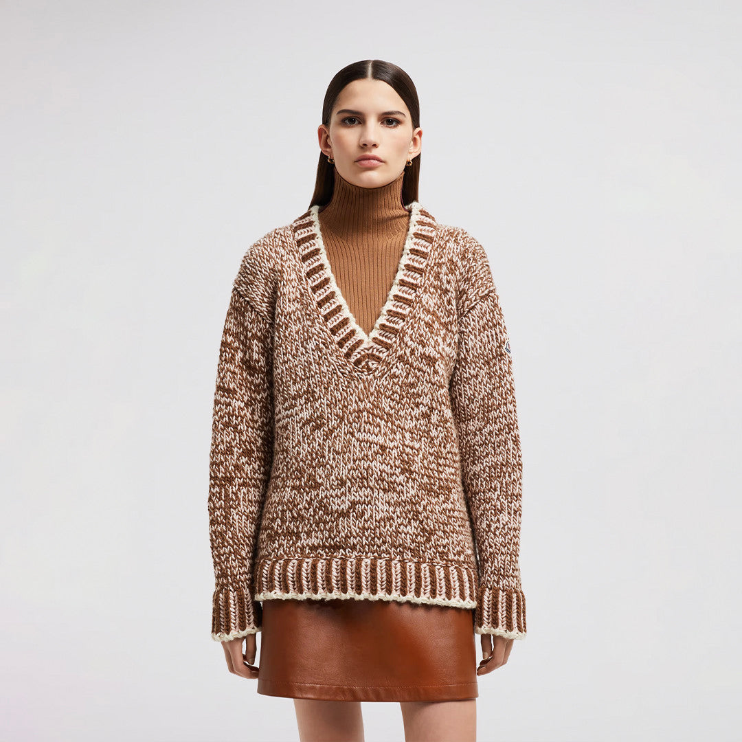 Women's Autumn And Winter Wool Blend Brown V-neck Loose Chic Modern Casual Knitwear Pullover Sweater #71718