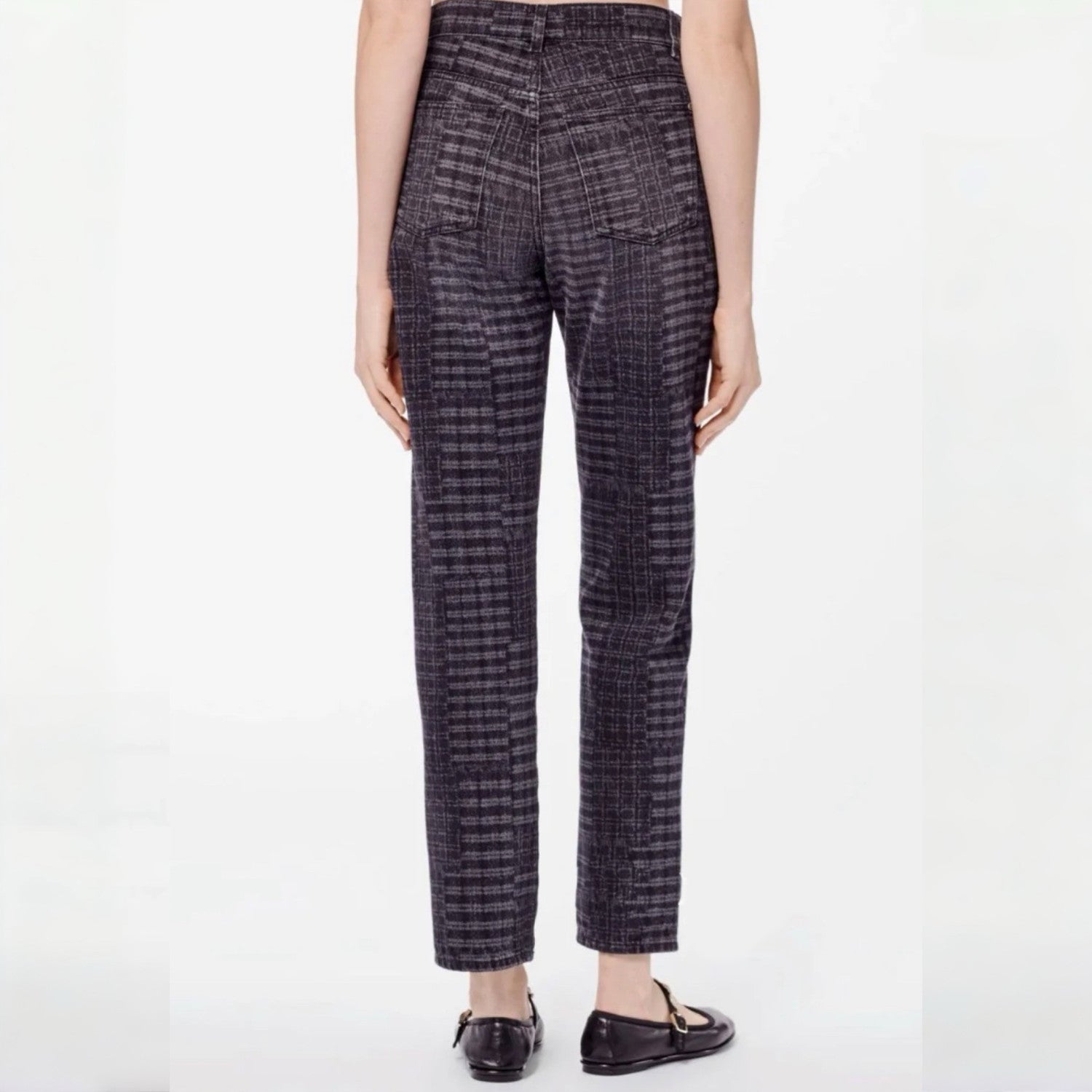 Women's Checkered Washed Gray Aged Jeans Camellia Button Slim Straight Denim Pants Ngvp #8942