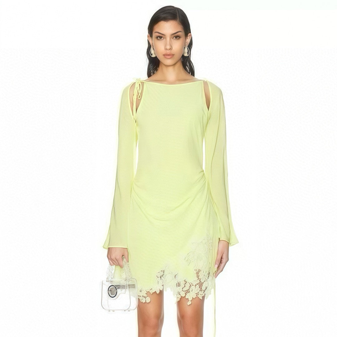 Women's Summer Yellow Lace Side Shoulder Hollow Tie Long Sleeve Fitted Dresses Ngvp #8747