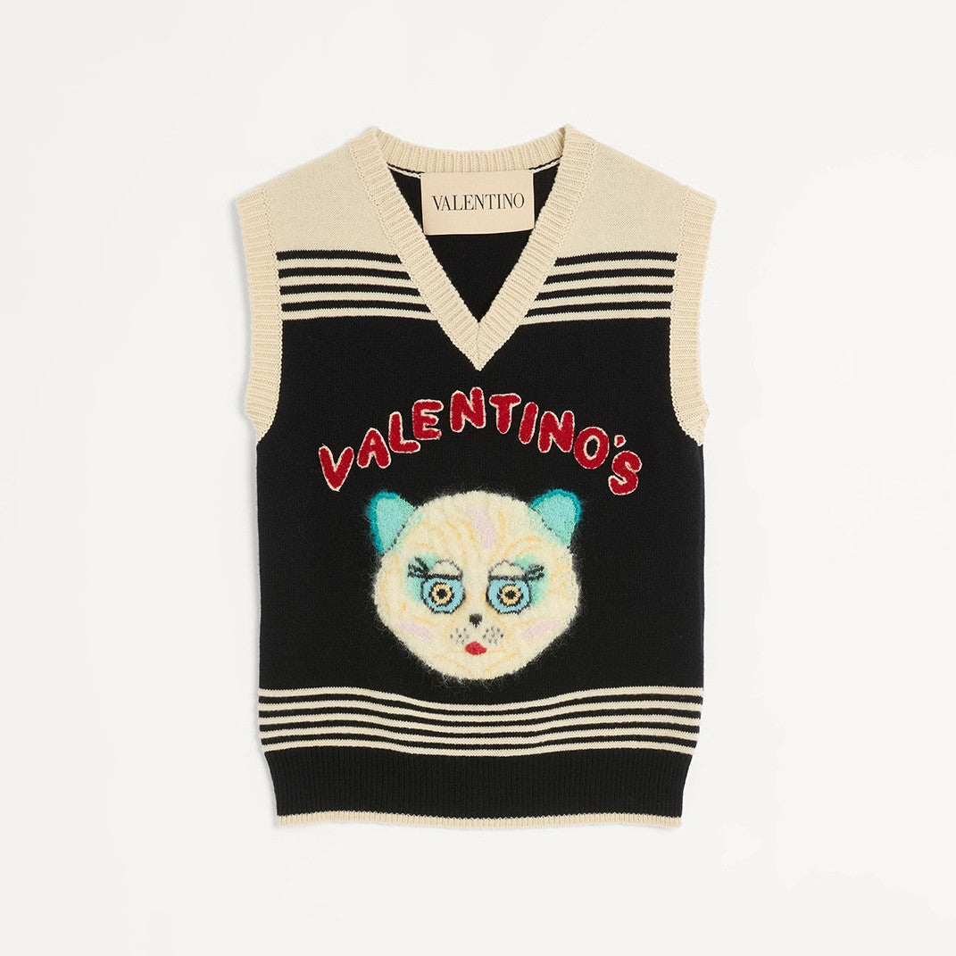 LE CHAT DE LA MAISON Women's Spring/Autumn Fashion Casual V-neck Knitted Letter Pattern Embroidered Sleeveless Vest  #78441
