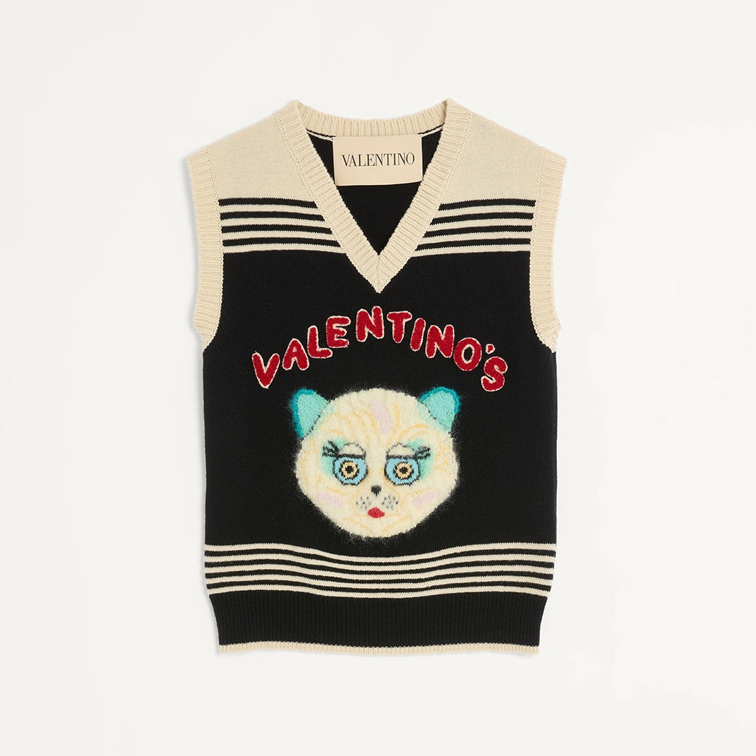 LE CHAT DE LA MAISON Women's Spring/Autumn Fashion Casual V-neck Knitted Letter Pattern Embroidered Sleeveless Vest  #78441