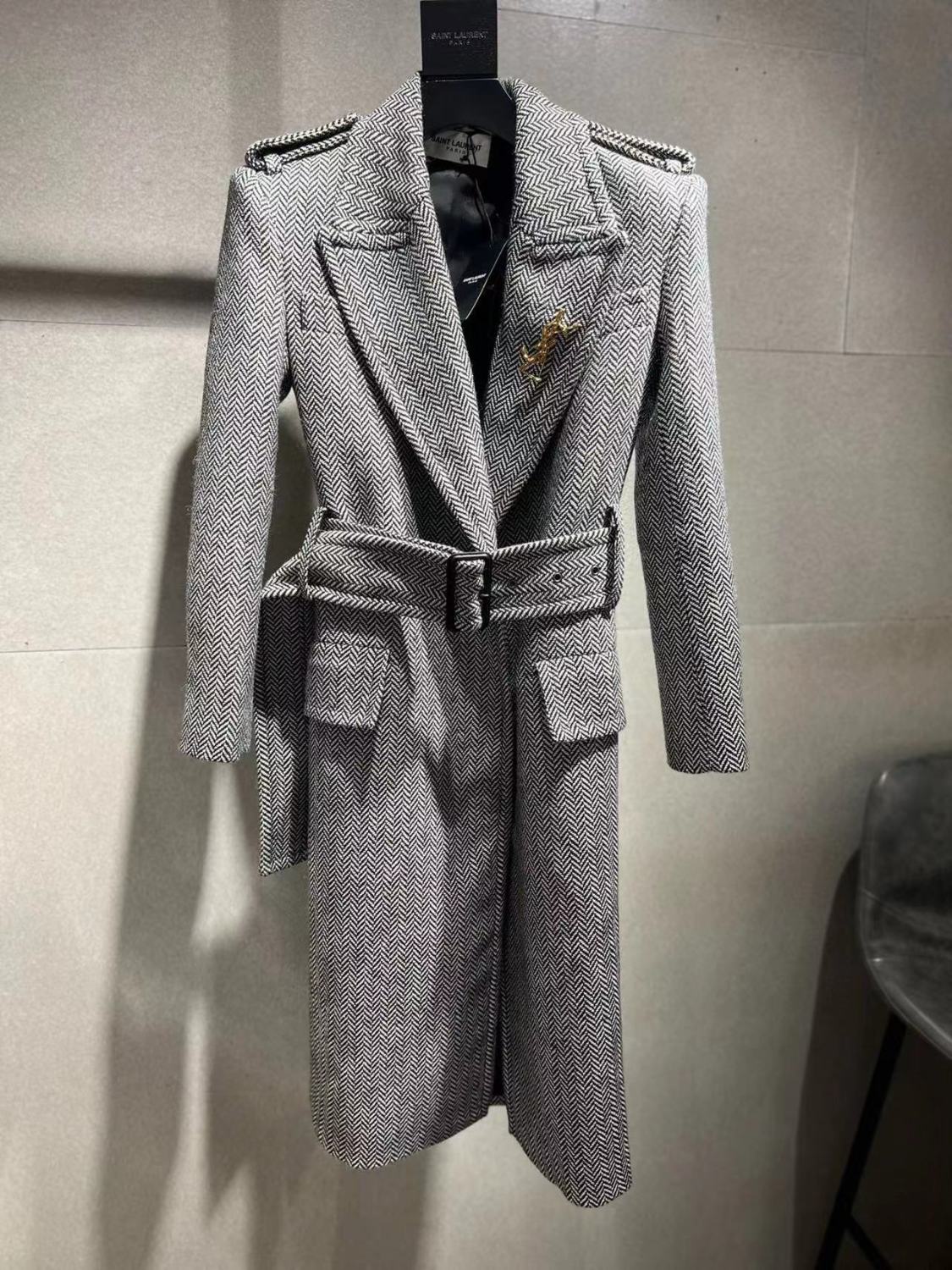 Women's Autumn And Winter Grey Lapel Drawstring Wool Long Long Sleeved Coat Jacket #99153