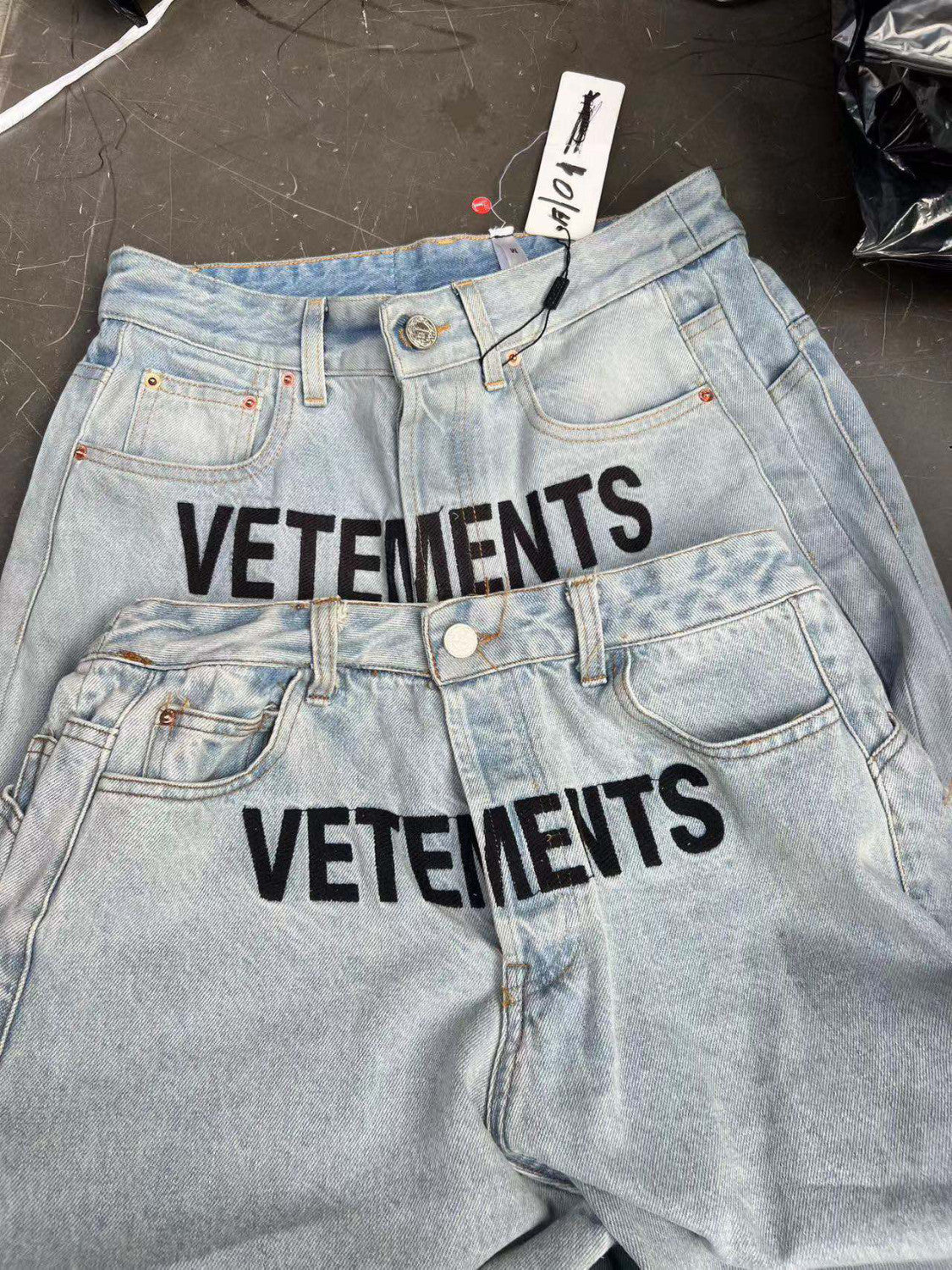 Vetements Men's And Women's Unisex Embroidered Logo Wide Leg Jeans Light Blue Pants #99355